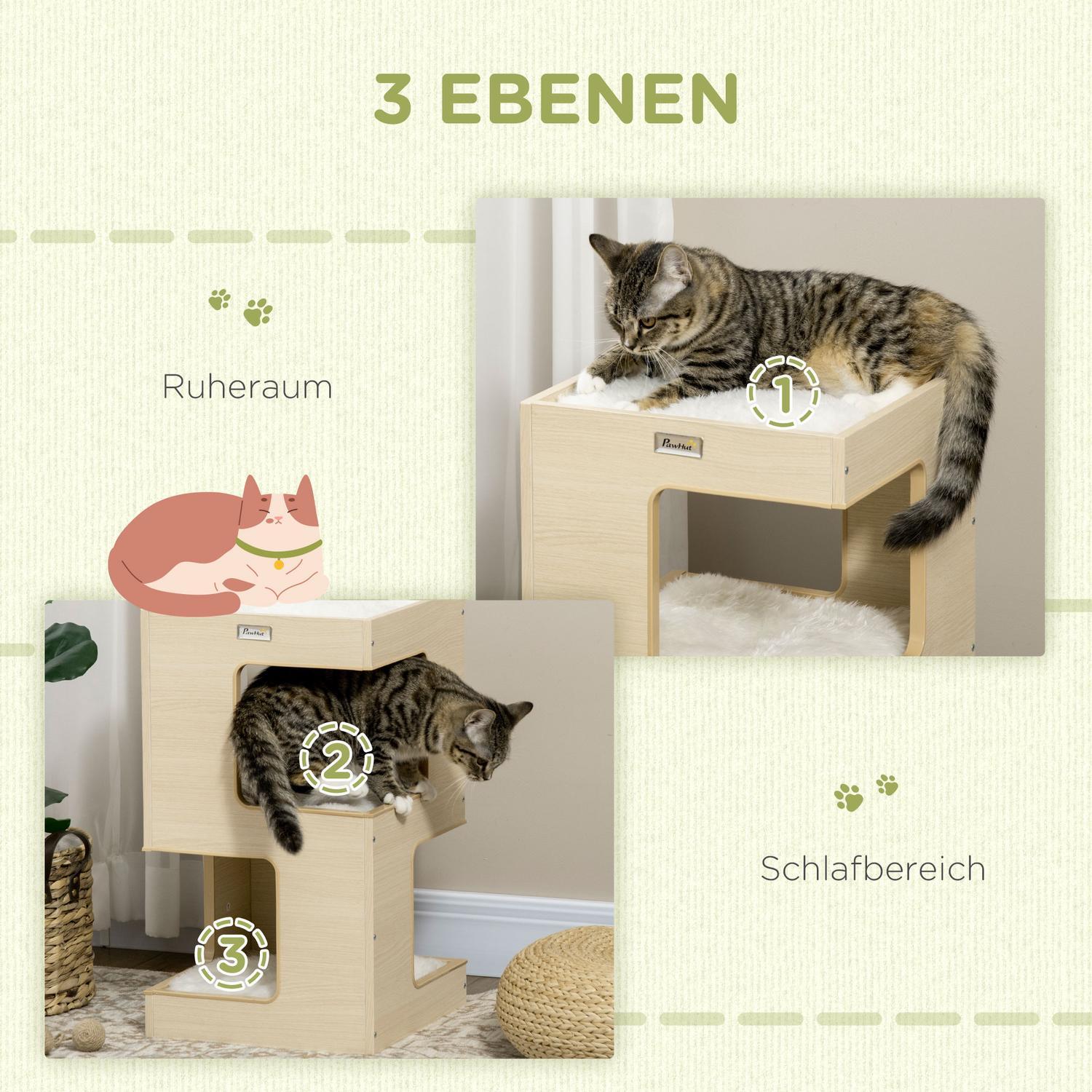 Cat Cave 3-Leder Cat Cabinet Pute Innendørs Cat House Cat House Leketøy Eik 34X34X60 Cm