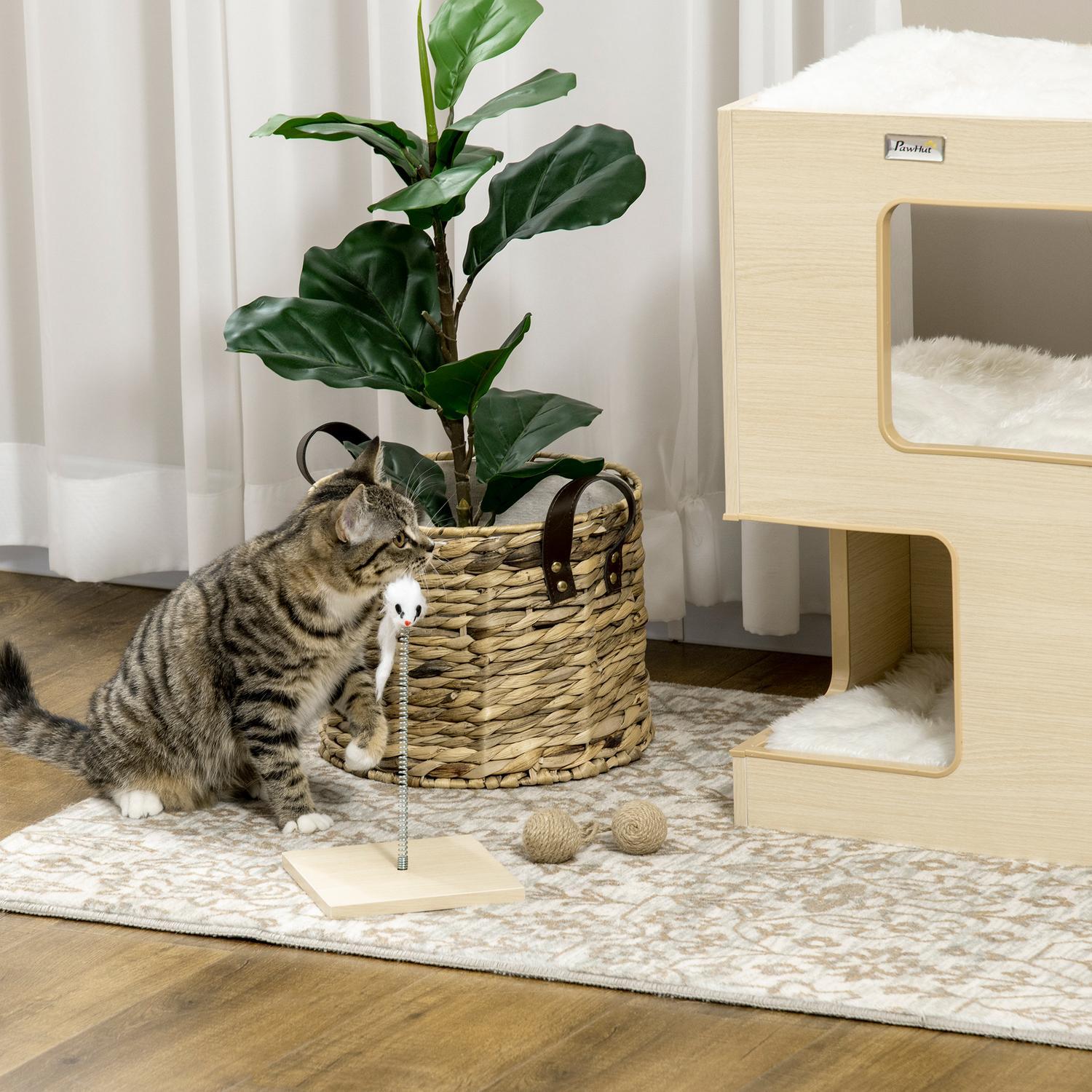 Cat Cave 3-Leder Cat Cabinet Pute Innendørs Cat House Cat House Leketøy Eik 34X34X60 Cm