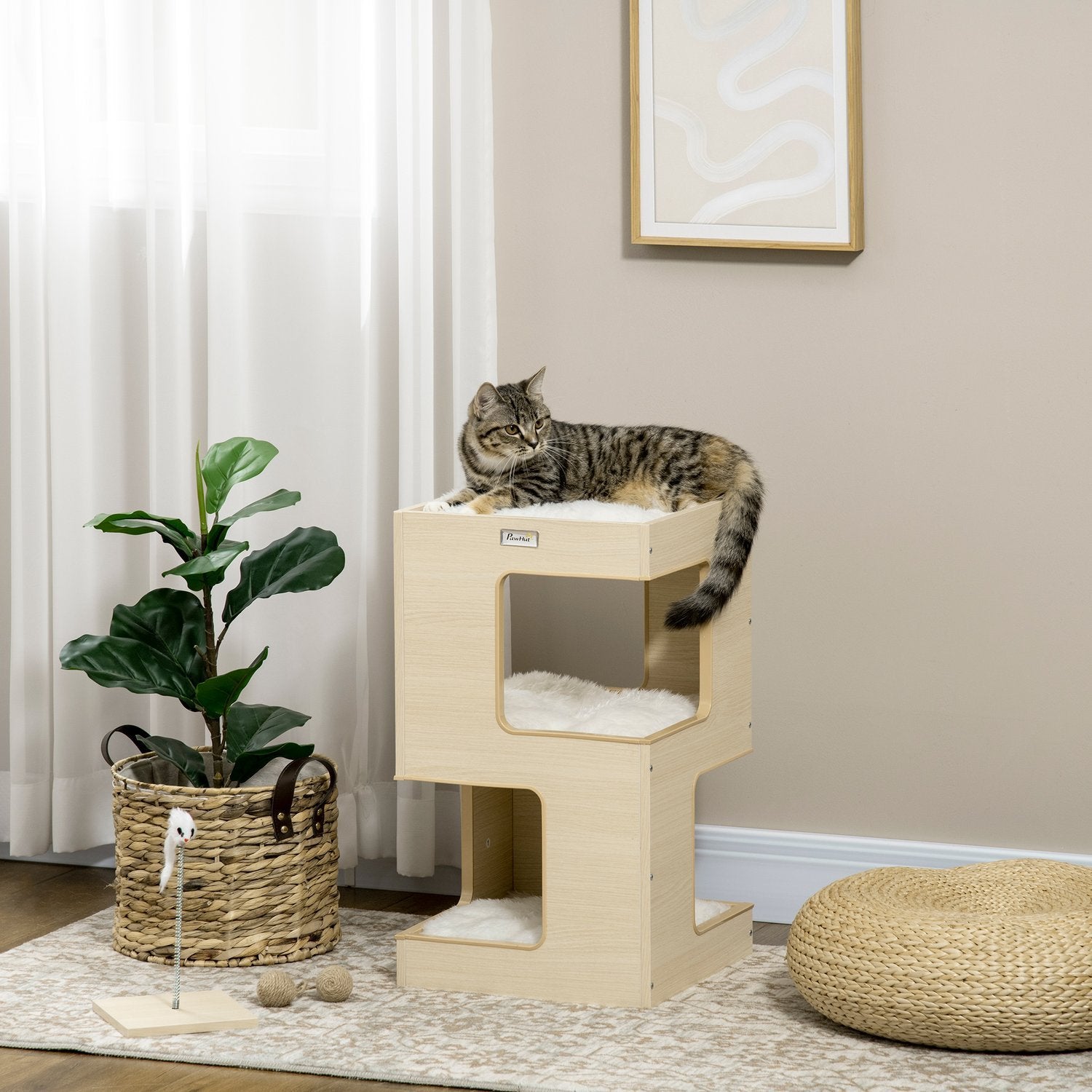 Cat Cave 3-Leder Cat Cabinet Pute Innendørs Cat House Cat House Leketøy Eik 34X34X60 Cm