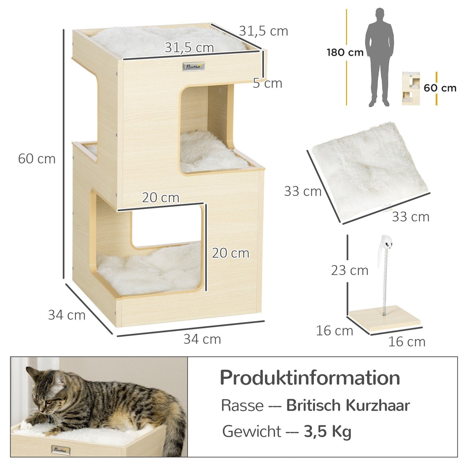 Cat Cave 3-Leder Cat Cabinet Pute Innendørs Cat House Cat House Leketøy Eik 34X34X60 Cm