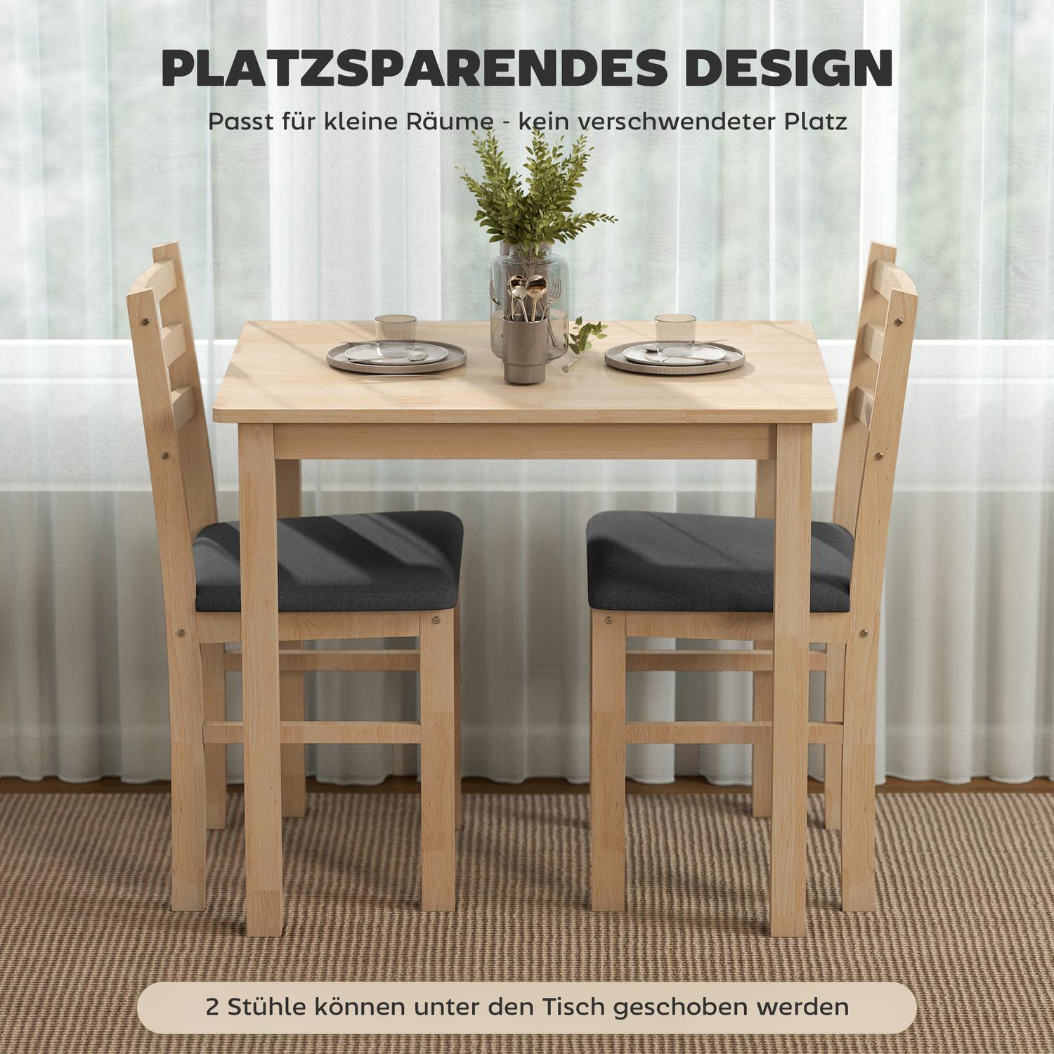 3-delad matsalsset med 2 stolar, platsbesparande, trä