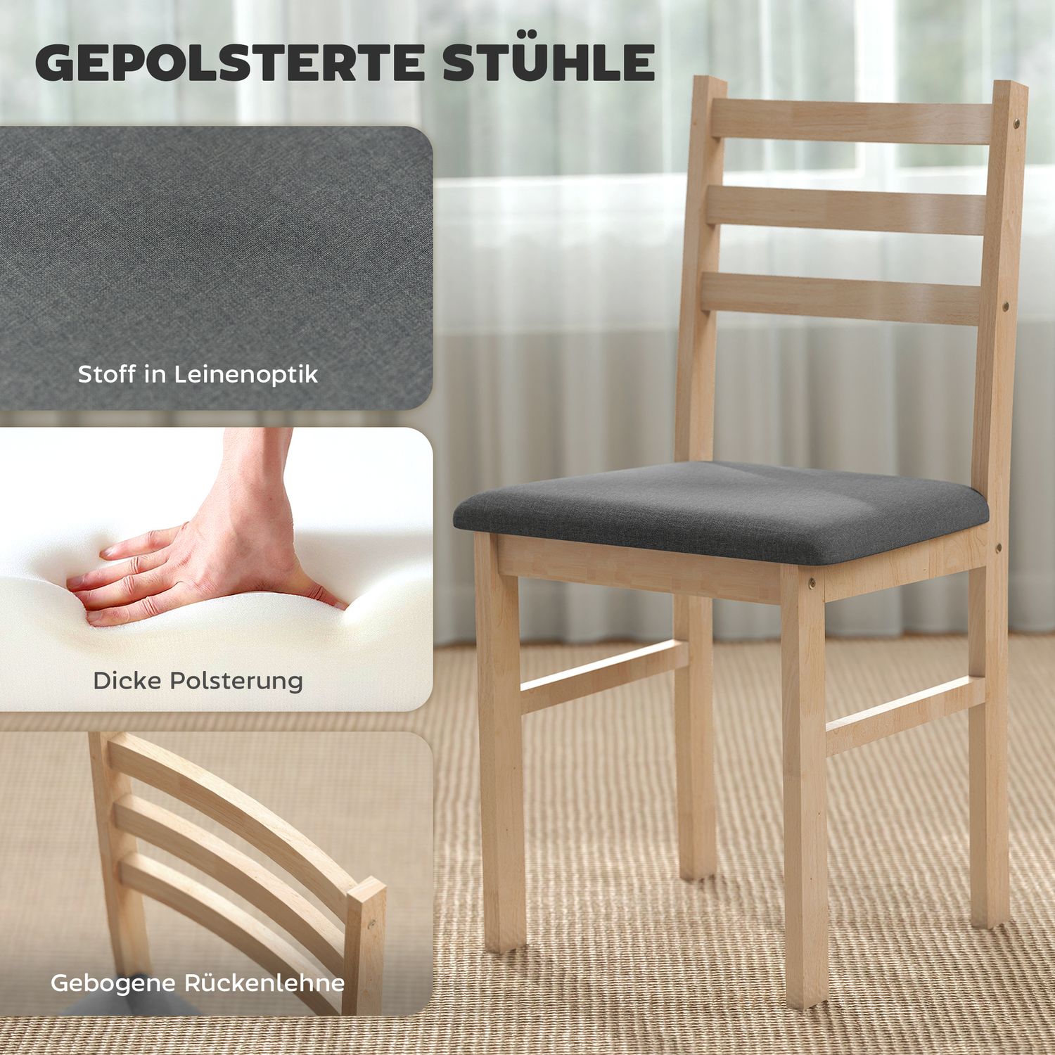 3-delad matsalsset med 2 stolar, platsbesparande, trä