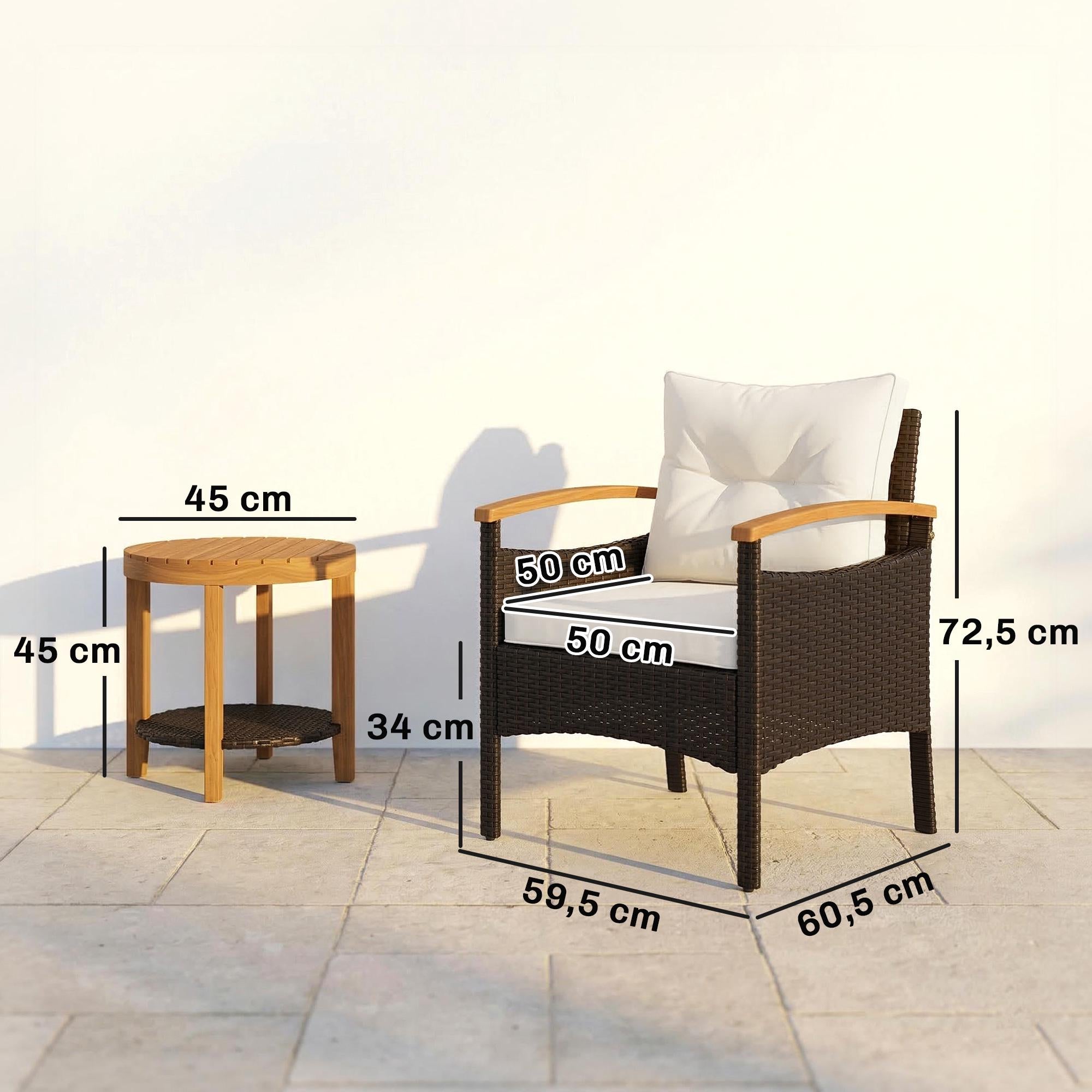 3-delat bistroset i rotting med kuddar och träbord