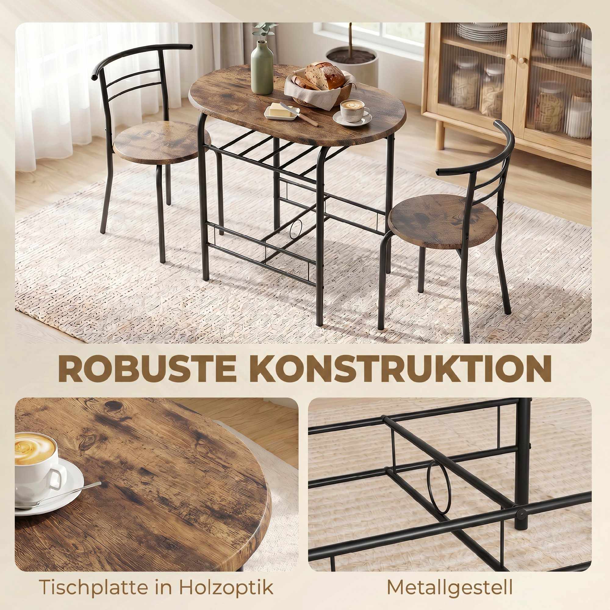 3-delat matbordsset för 2, hyllplan, rustik brun