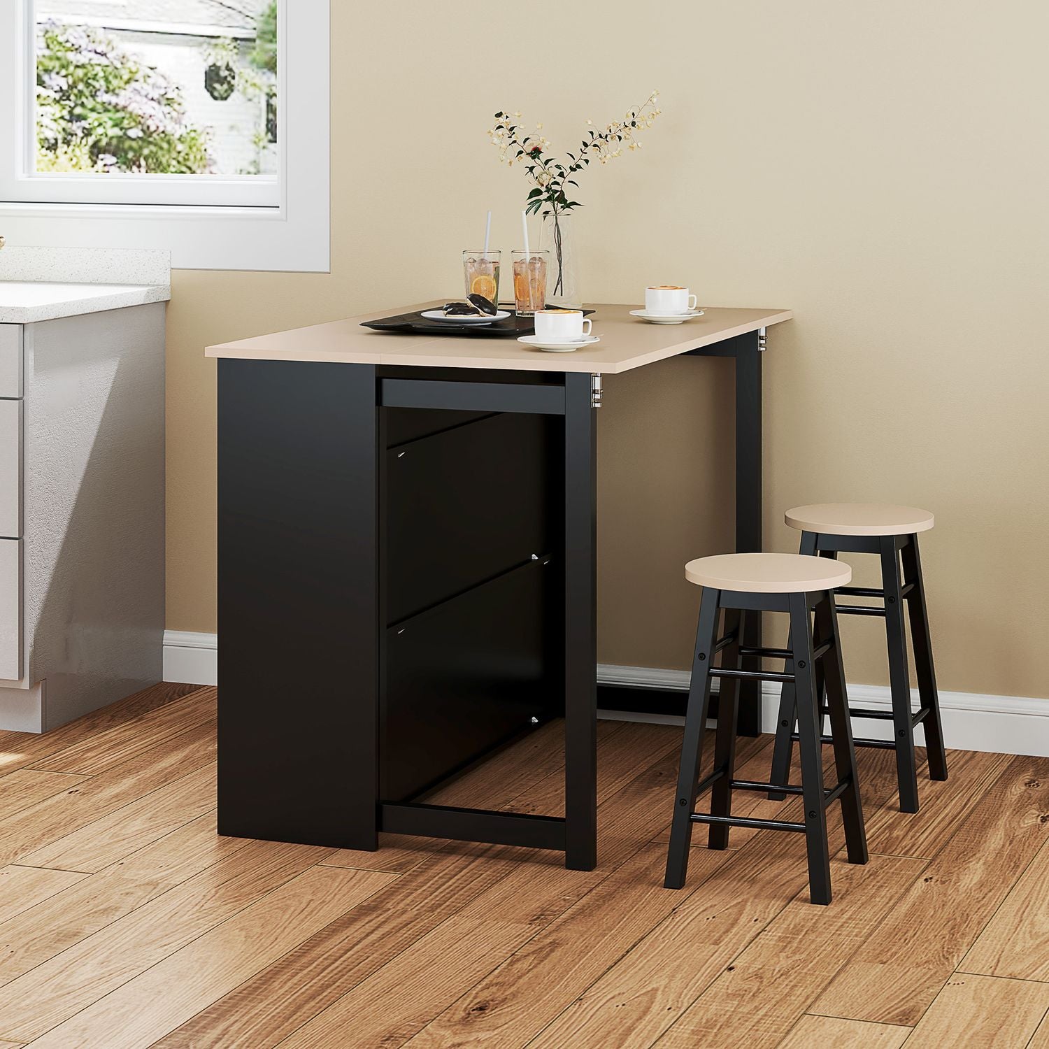 3-delat svart matsalsset, hopfällbar topp och förvaringsskåp