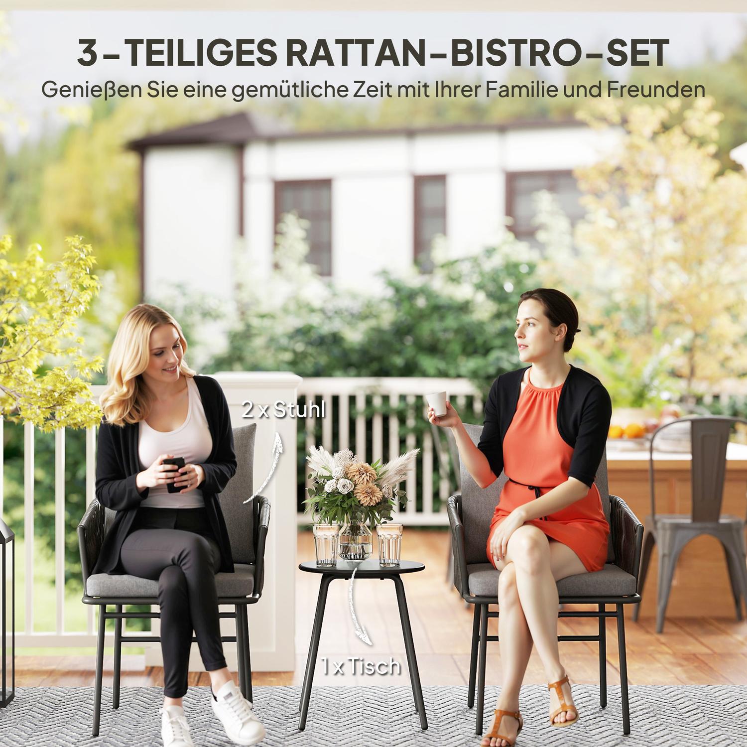 3-delat utemöbler, 2 stolar, 1 bord, bistroset, konstrotting, stålstomme, metallbord, 4 kuddar, grå