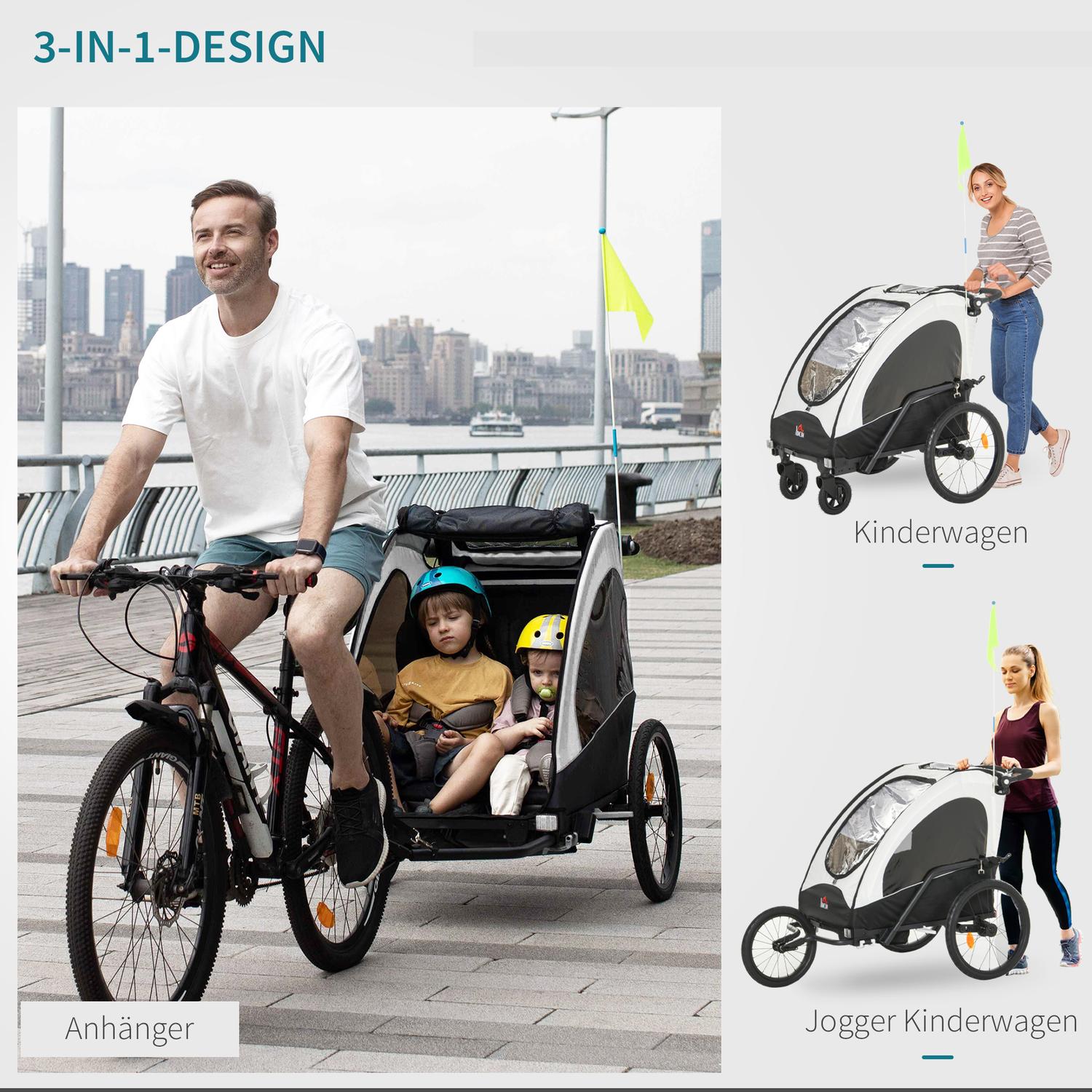 3-i-1 barncykelvagn och joggingvagn, aluminium, 2 säten