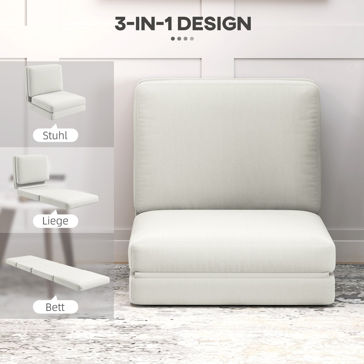 3-i-1 hopfällbar bäddsoffa, sammetsklädsel, krämvit