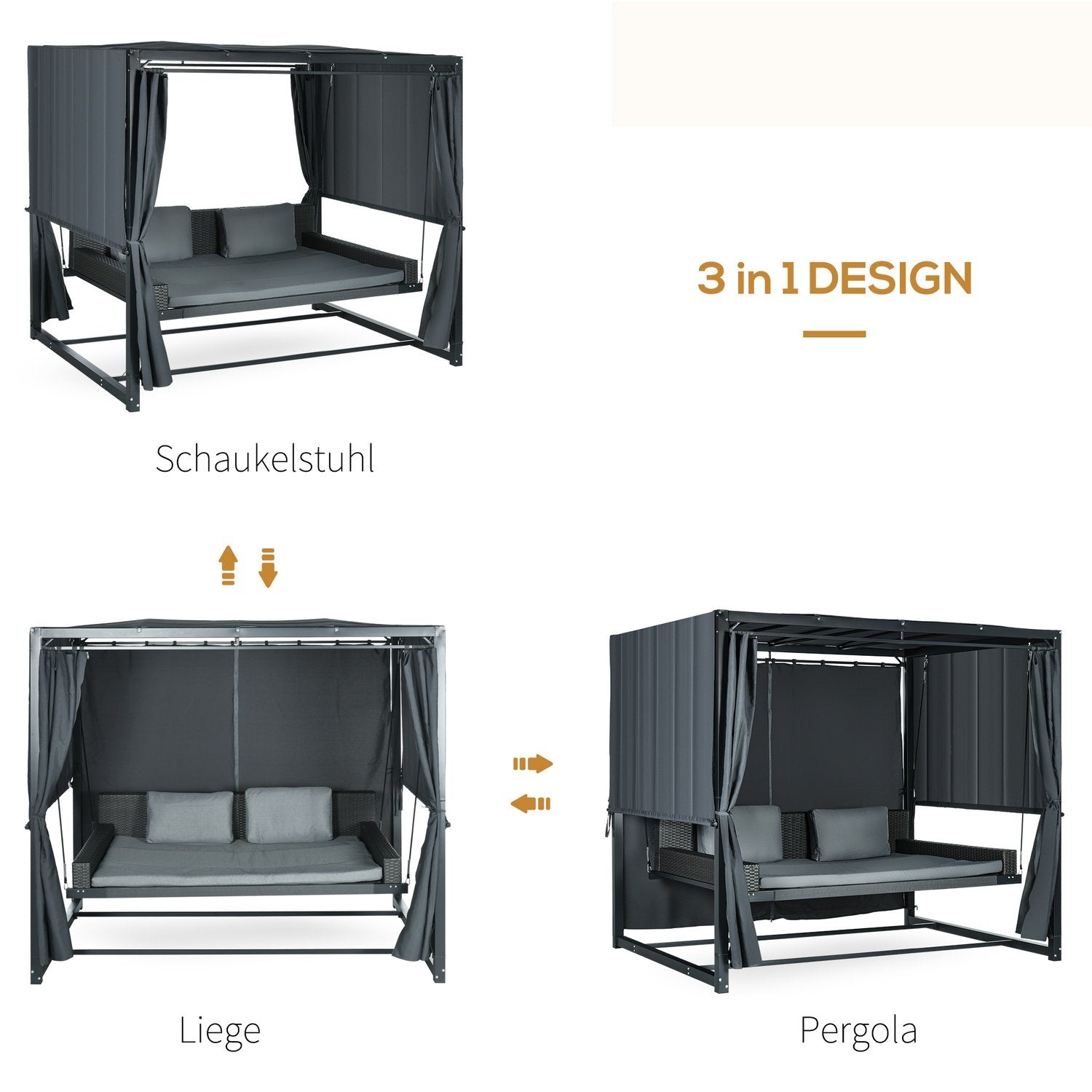 Hollywood huske med pergola, hage huske med pute, værbestandig huskeseng, for hage, 235 X 180 X 210 Cm, Mørkegrå