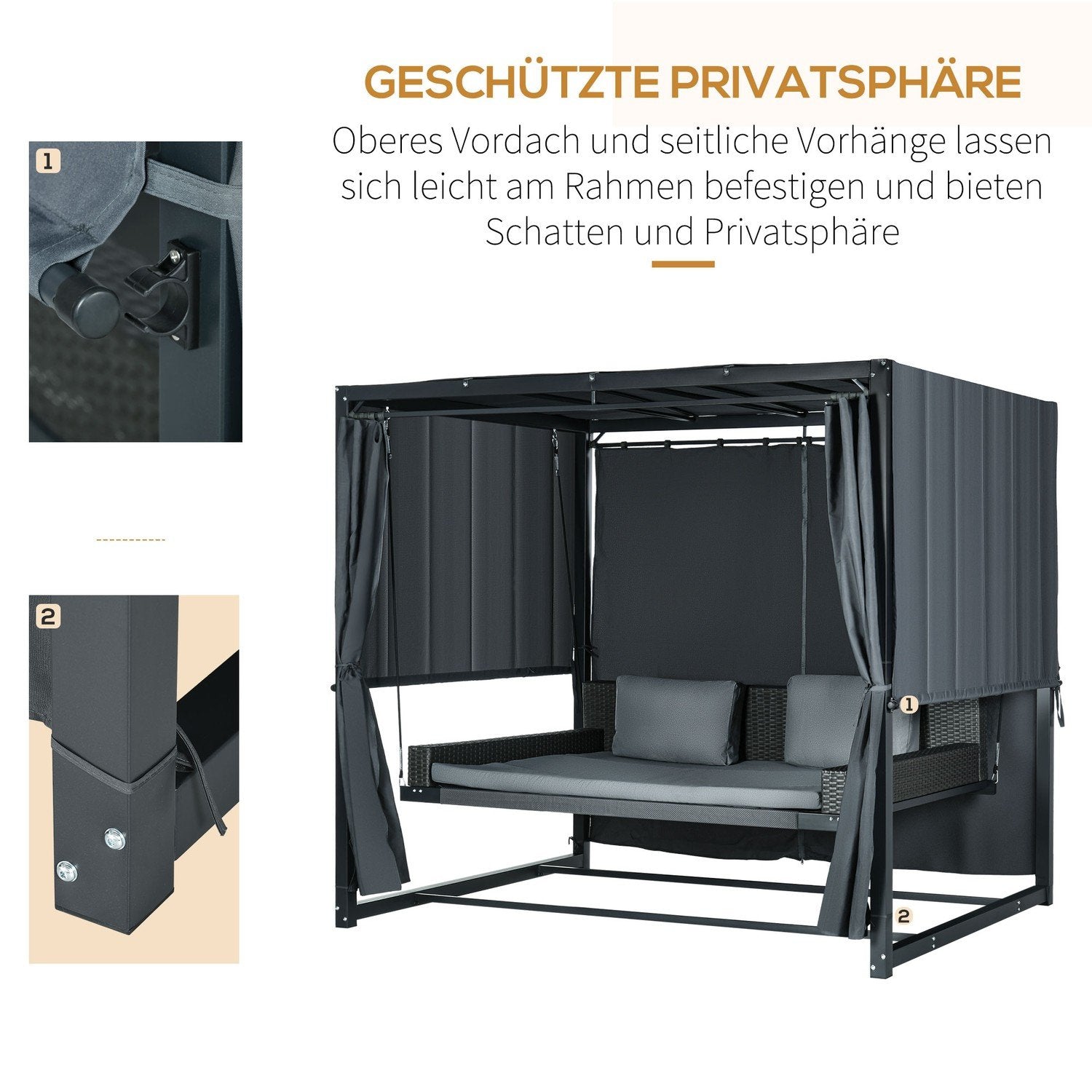 Hollywood huske med pergola, hage huske med pute, værbestandig huskeseng, for hage, 235 X 180 X 210 Cm, Mørkegrå