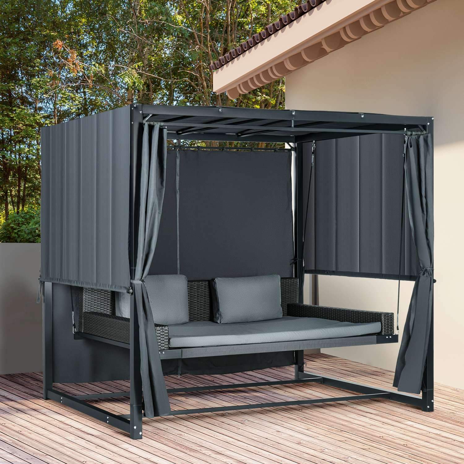 Hollywood huske med pergola, hage huske med pute, værbestandig huskeseng, for hage, 235 X 180 X 210 Cm, Mørkegrå