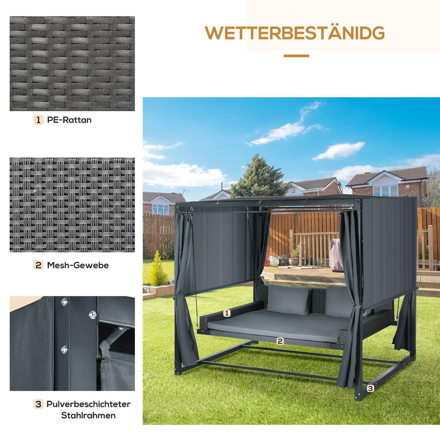 Hollywood huske med pergola, hage huske med pute, værbestandig huskeseng, for hage, 235 X 180 X 210 Cm, Mørkegrå