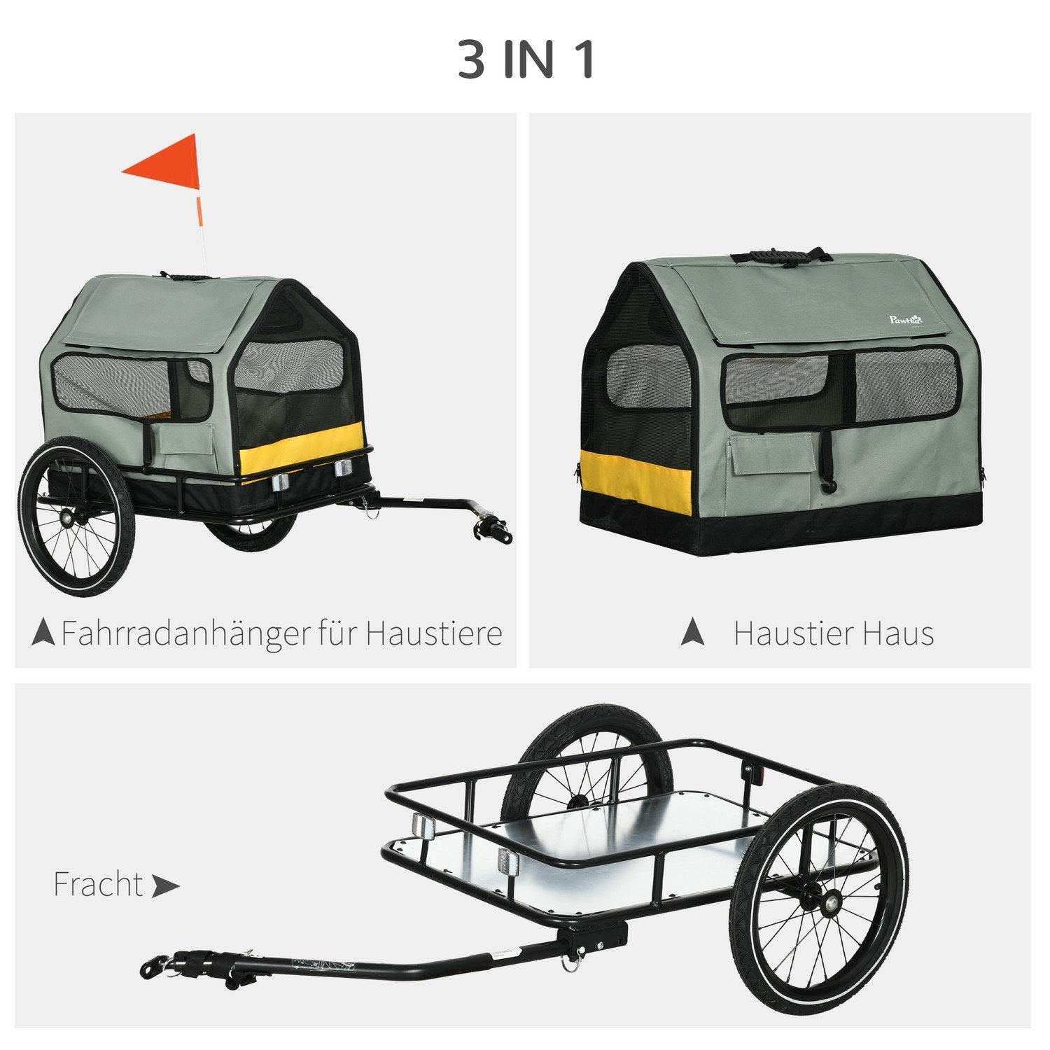 Hundehenger 3-i-1 Pet House &amp; Cargo Trailer, Hundesykkelhenger med reflekser for små hunder opptil 10 kg, Oxford, grå