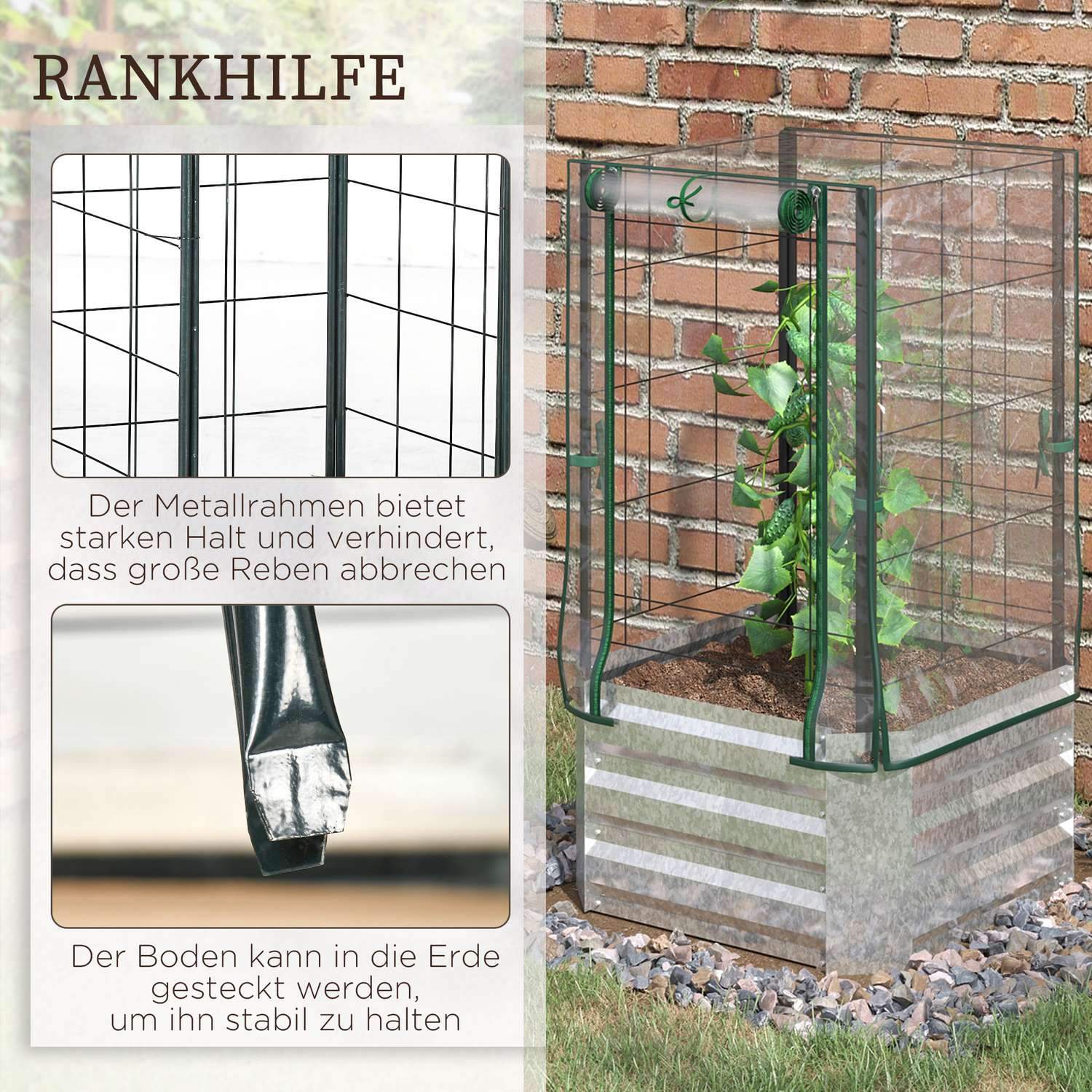 Hevet sengesett plantekasse med plastdeksel og espalier for klatreplanter, 53X53X90Cm