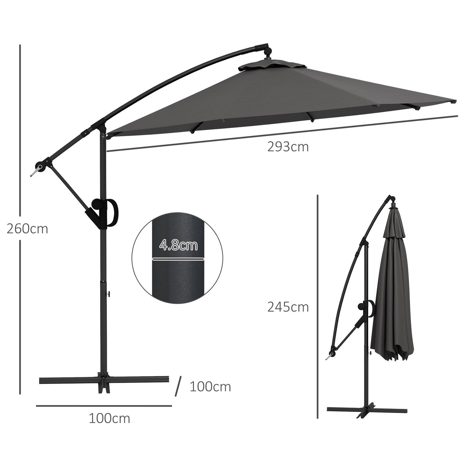 Ø293 Cm Fribärande Paraply Med Korsfot, Parasoll Med Vev, Lutning Och 8 Ribbor, Hängande Uteplatsparaply