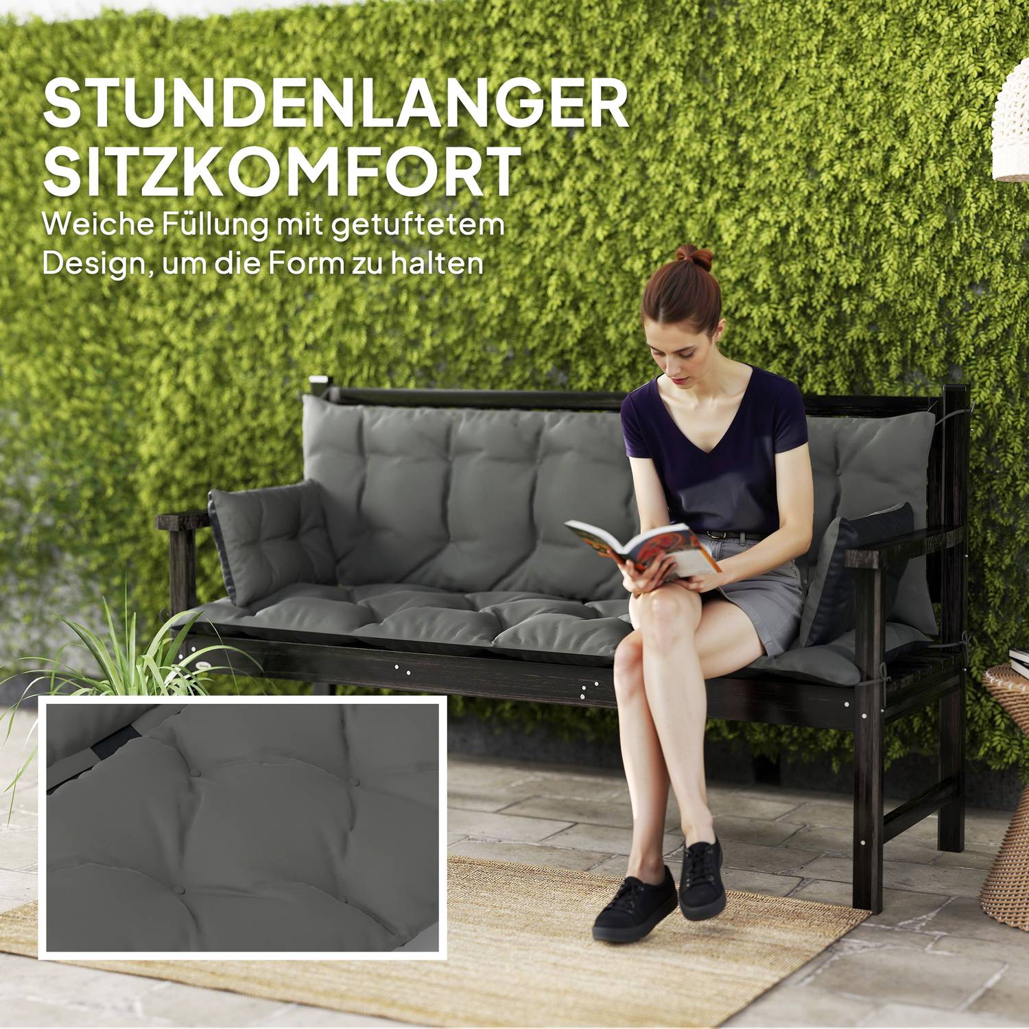 3-sits utomhusbänkskudde, mörkgrå/svart, 180x110x8 cm