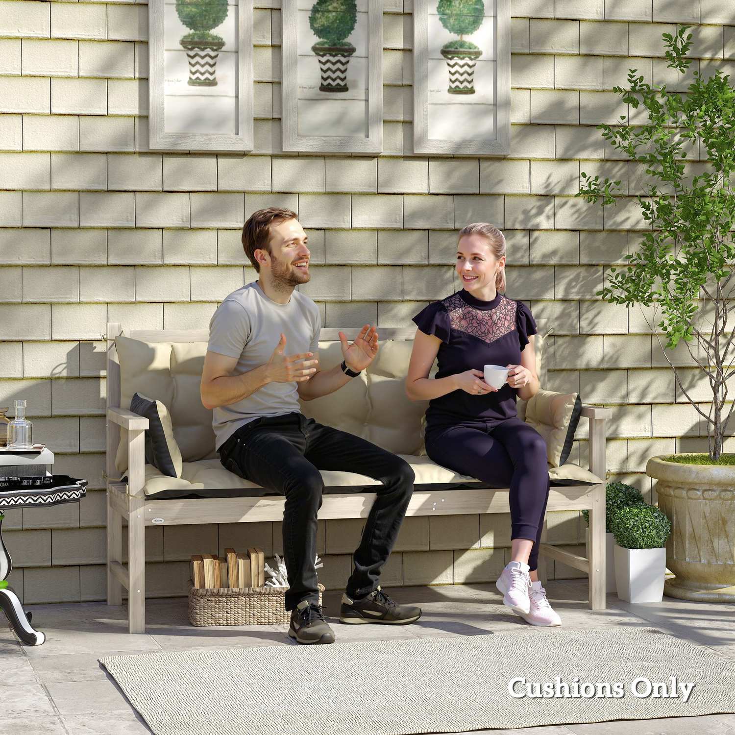 3-sits bänkkudde, 180x110x8 cm, beige/svart