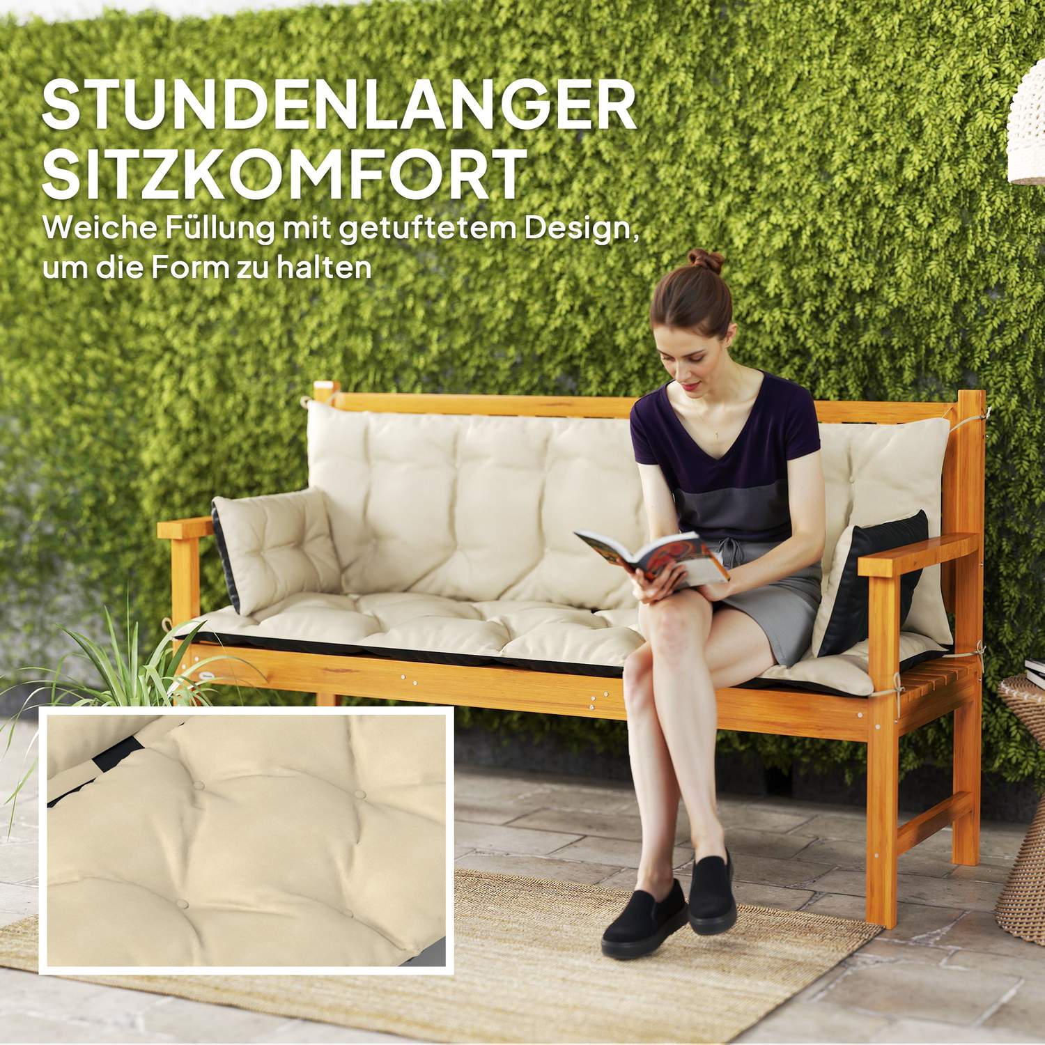 3-sits bänkkudde, 180x110x8 cm, beige/svart
