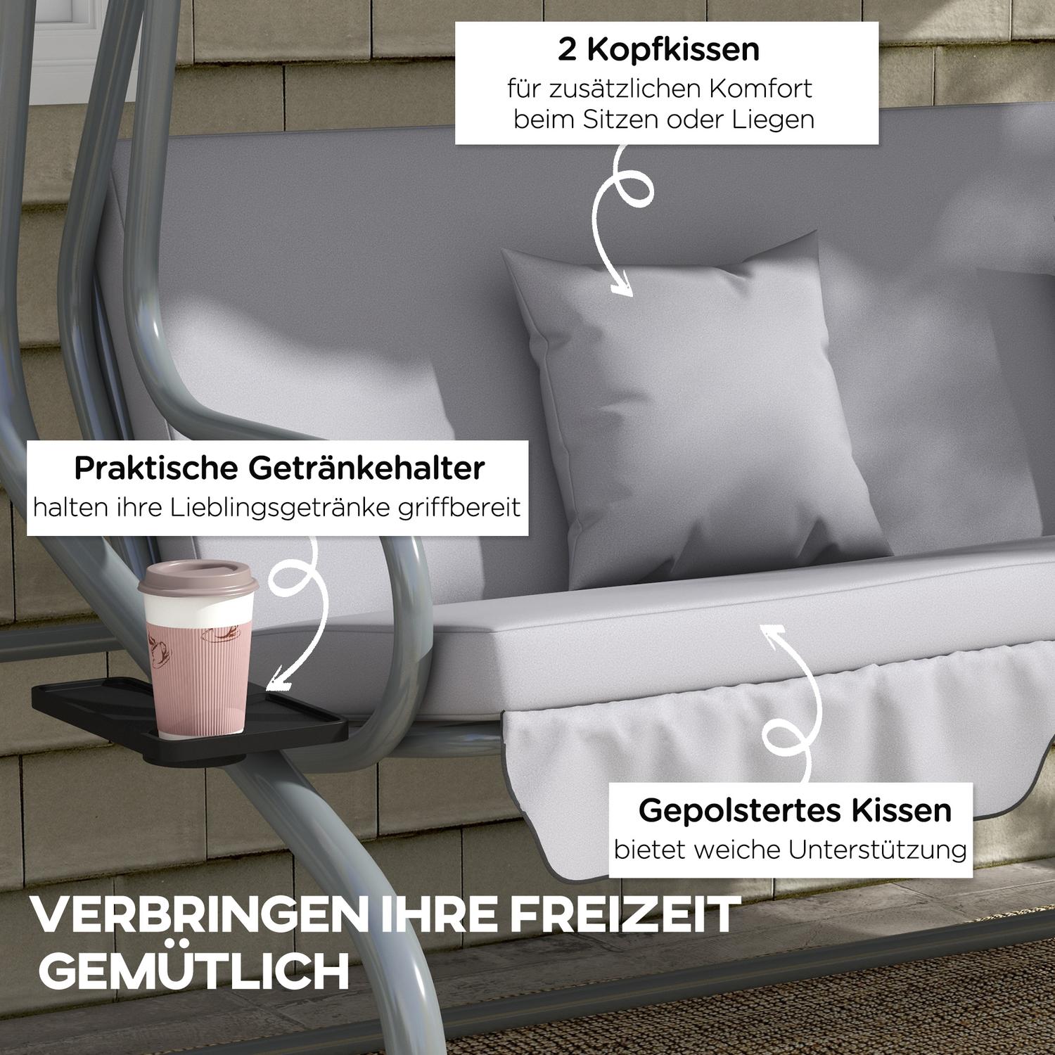 3-sits lutande verandagunga, justerbart tak, ljusgrå