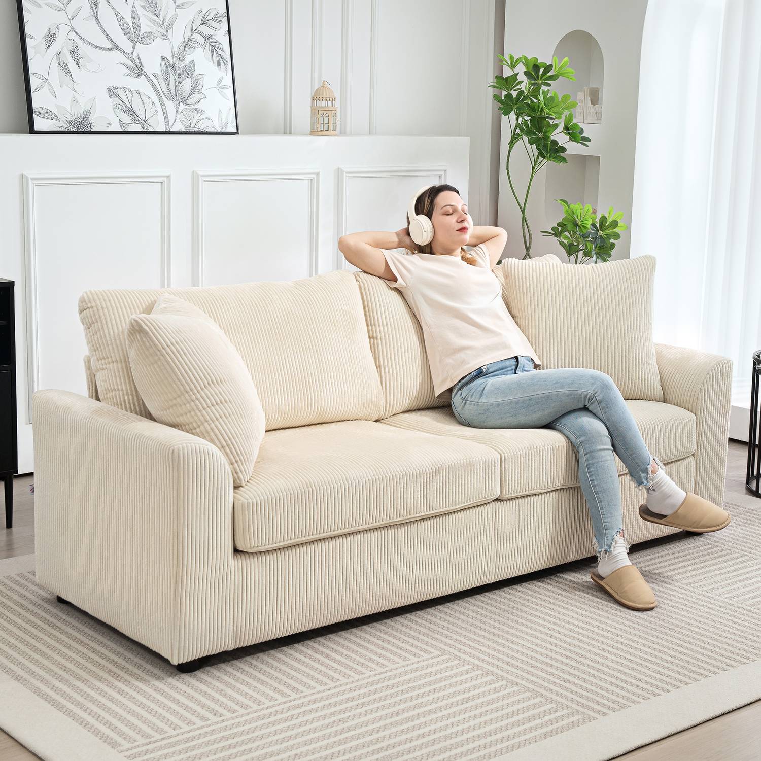 3-sits sladdsoffa med kuddar, Gräddvit, 212 cm