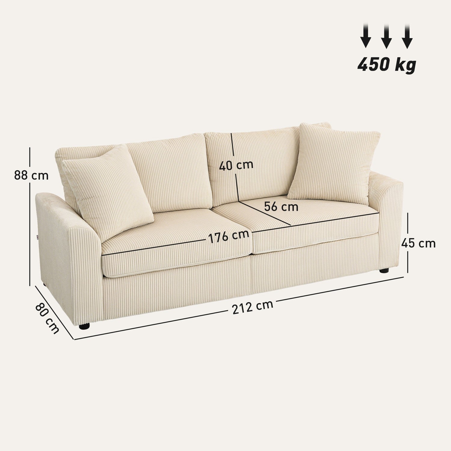 3-sits sladdsoffa med kuddar, Gräddvit, 212 cm