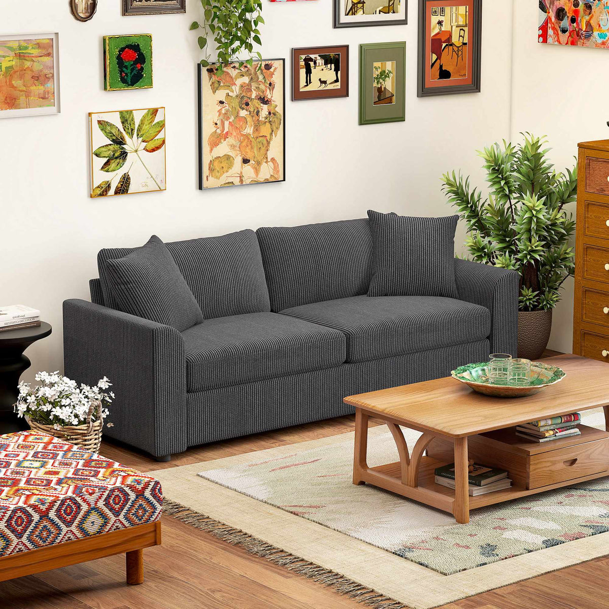 3-seters sofa i kordfløyel med puter, 212 cm, mørkegrå
