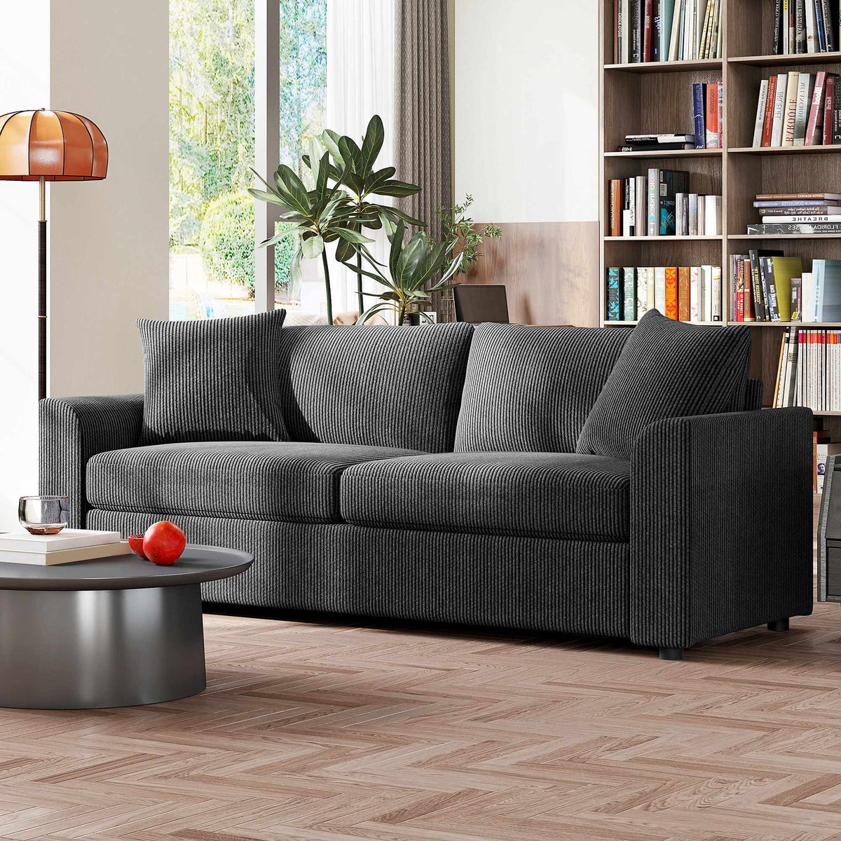3-seters sofa i kordfløyel med puter, 212 cm, mørkegrå