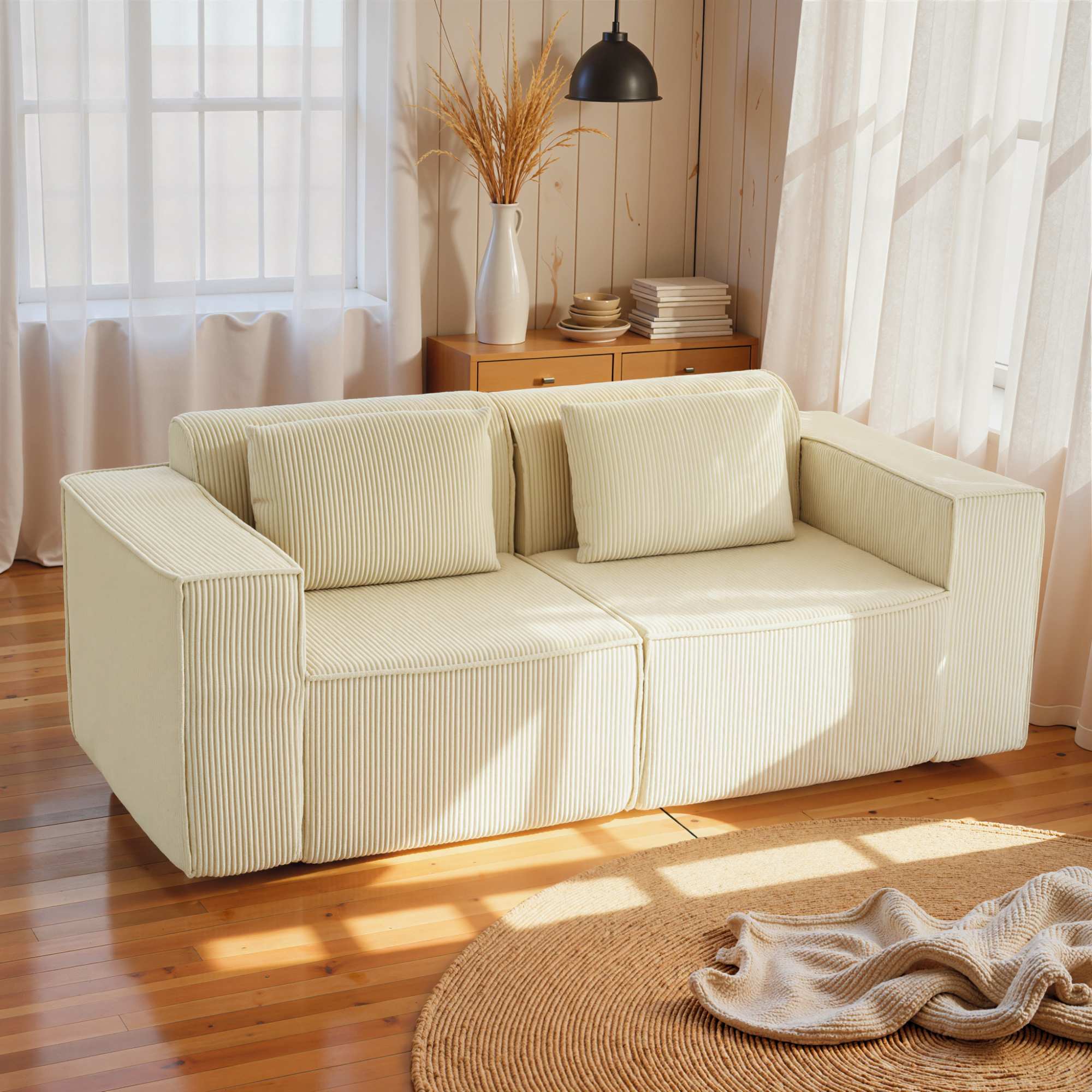 3-sitssoffa, manteltyg, breda armstöd, 2 kuddar, beige