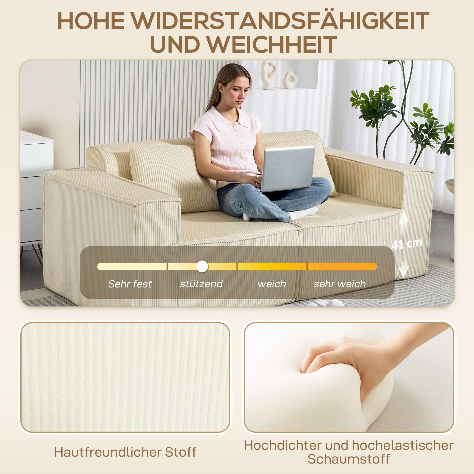 3-sitssoffa, manteltyg, breda armstöd, 2 kuddar, beige