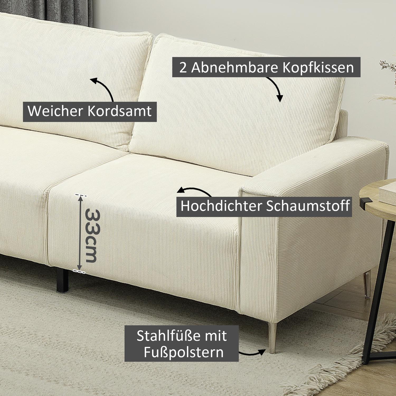 3-sits krämsoffa, sladdskydd, fjäderkärna, 193x77x80 cm