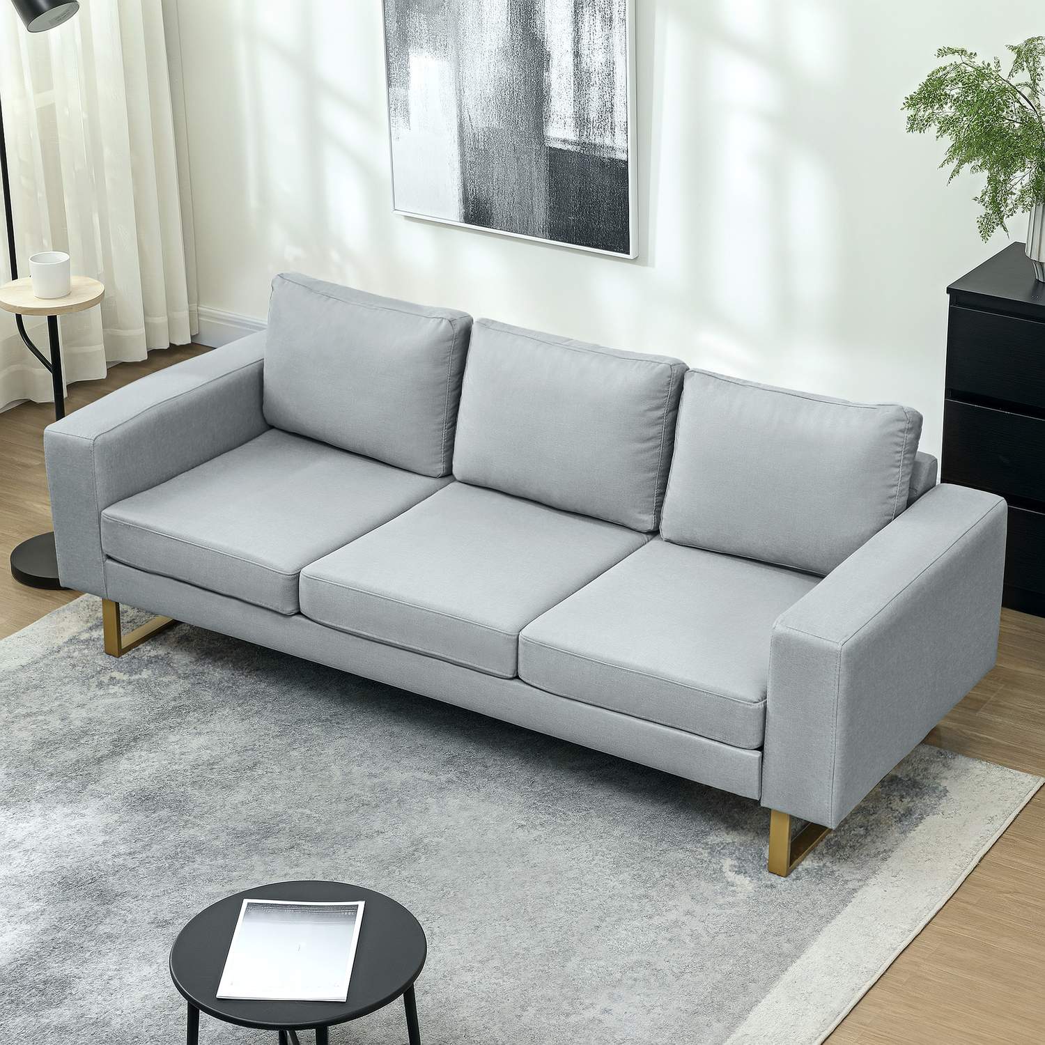 3-sits soffa, soffa med massiv träram, metallben, enkel design, ljusgrå