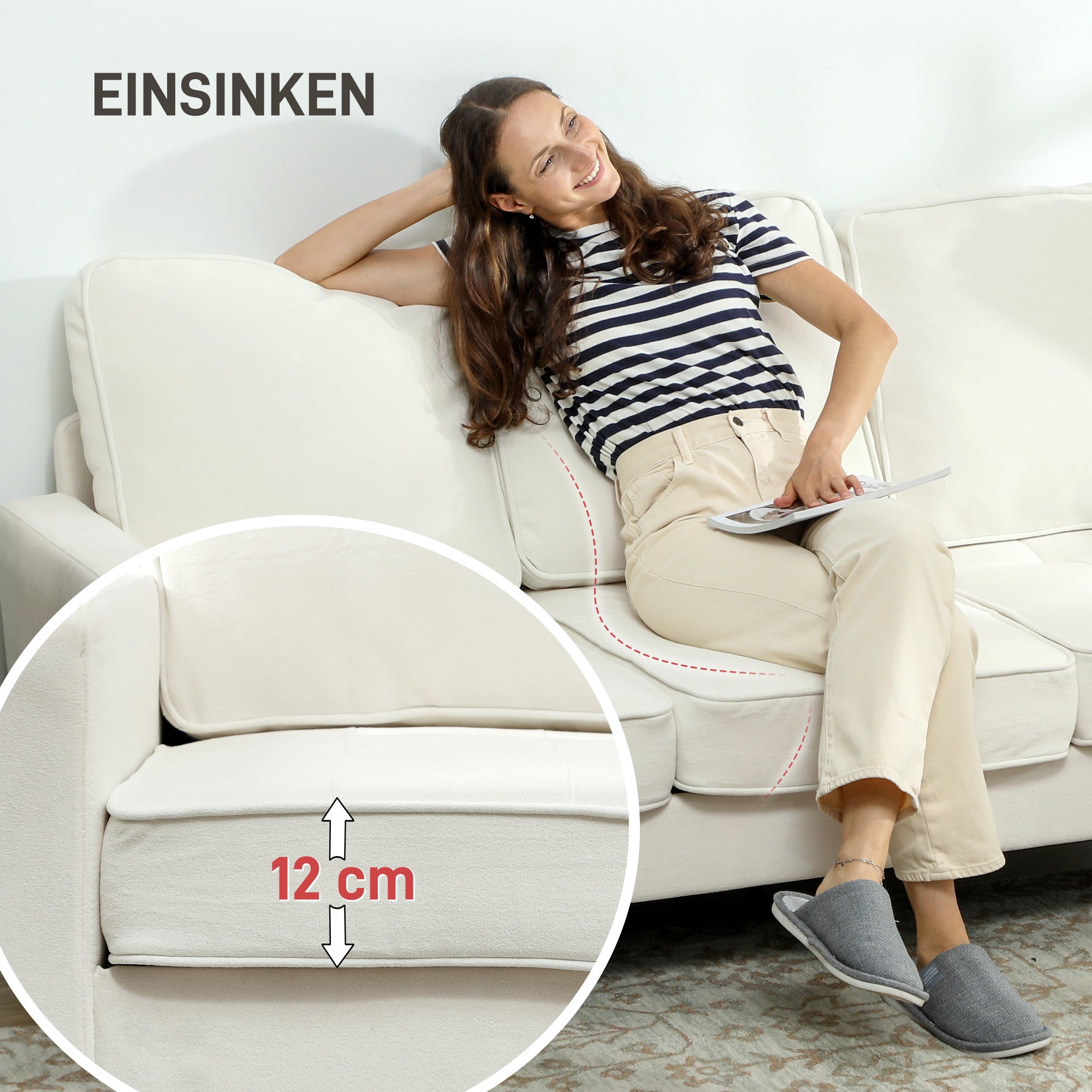 3-sits soffa, tjocka kuddar, gummiträ, krämtyg