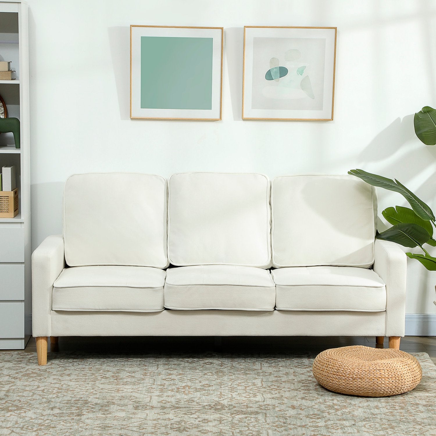 3-sits soffa, tjocka kuddar, gummiträ, krämtyg