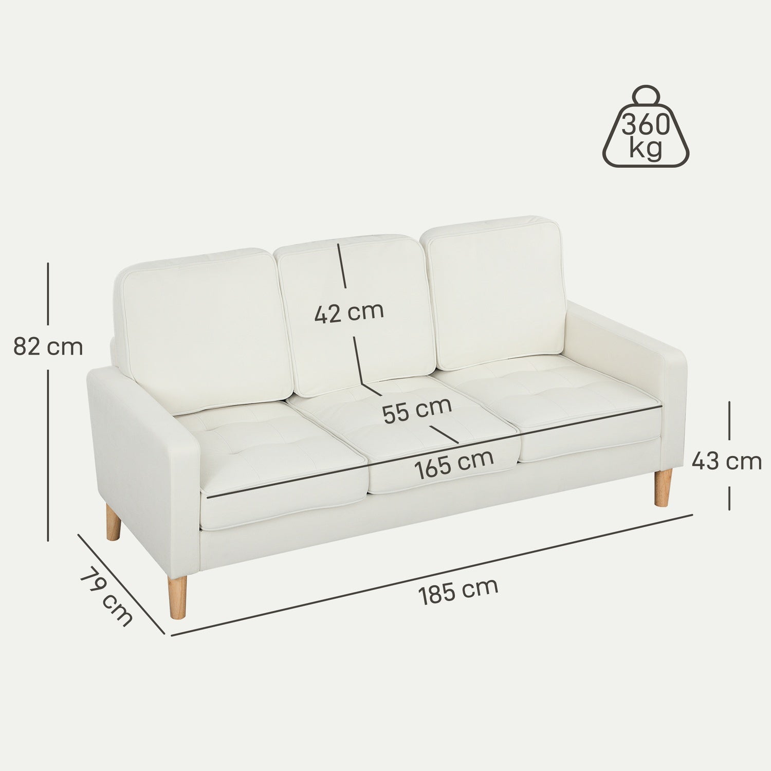 3-sits soffa, tjocka kuddar, gummiträ, krämtyg