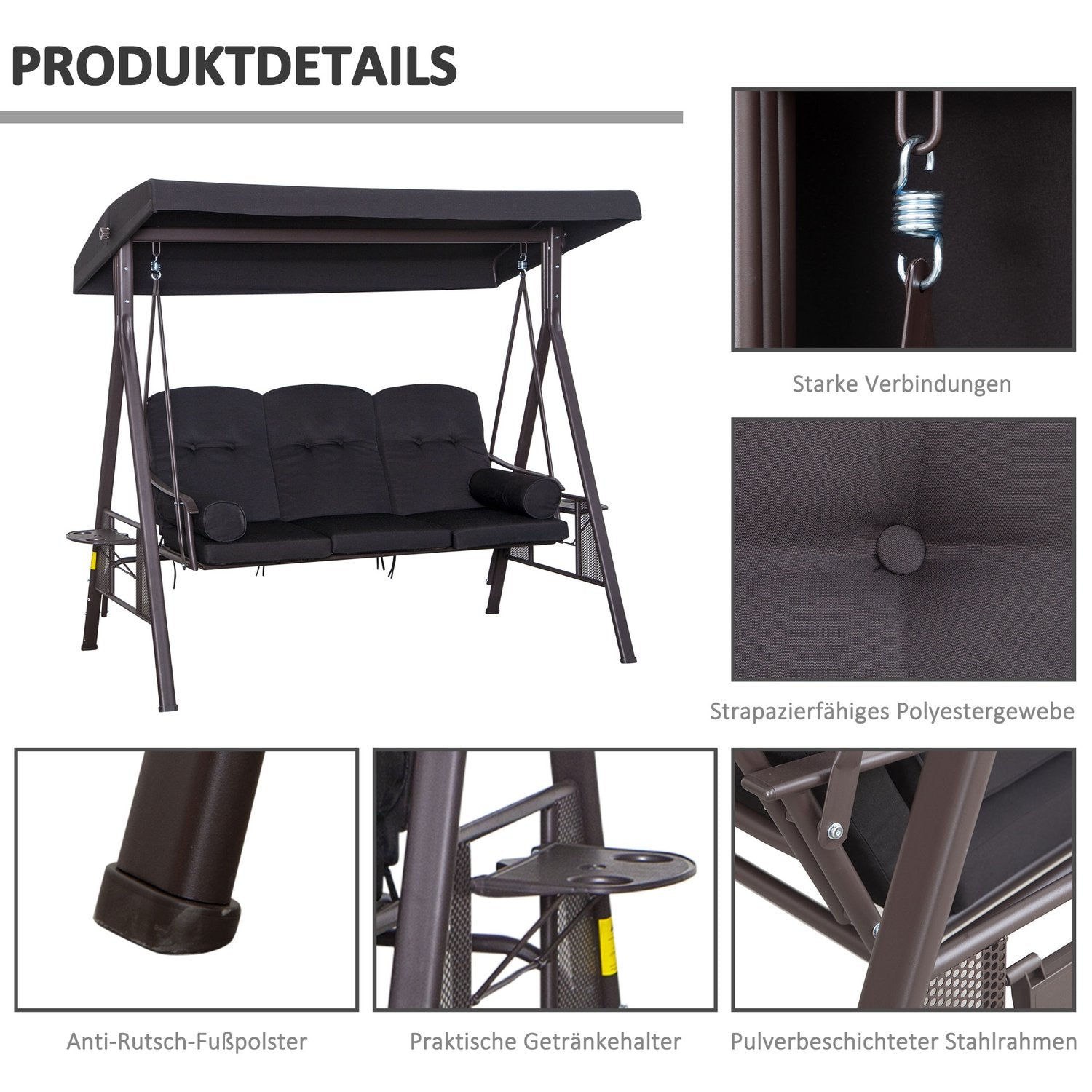 3-sits trädgårdsgunga med kapell och kuddar, svart metall