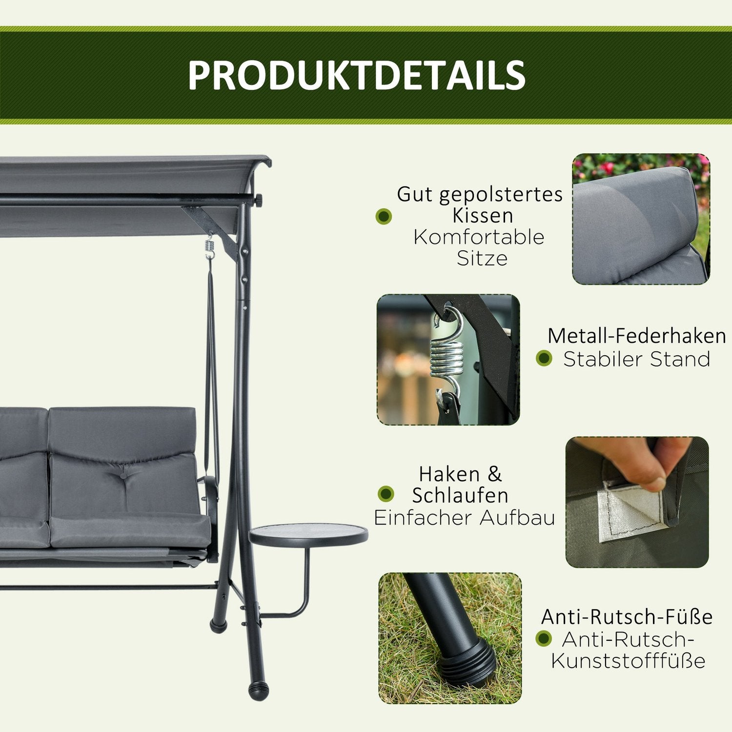 3-sits trädgårdssvingbänk med kapell och bord