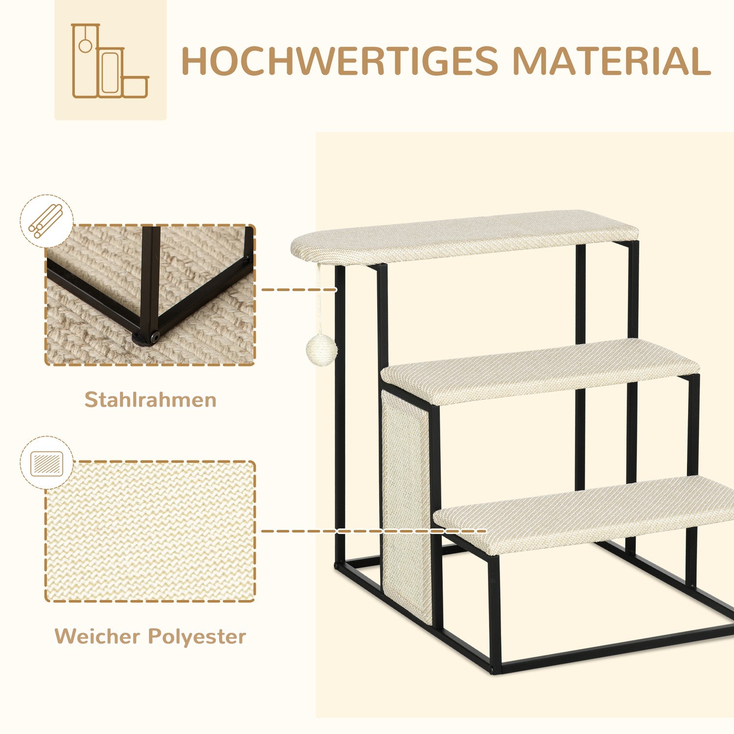 3-stegs husdjurstrappa med skrapbräda och lekboll