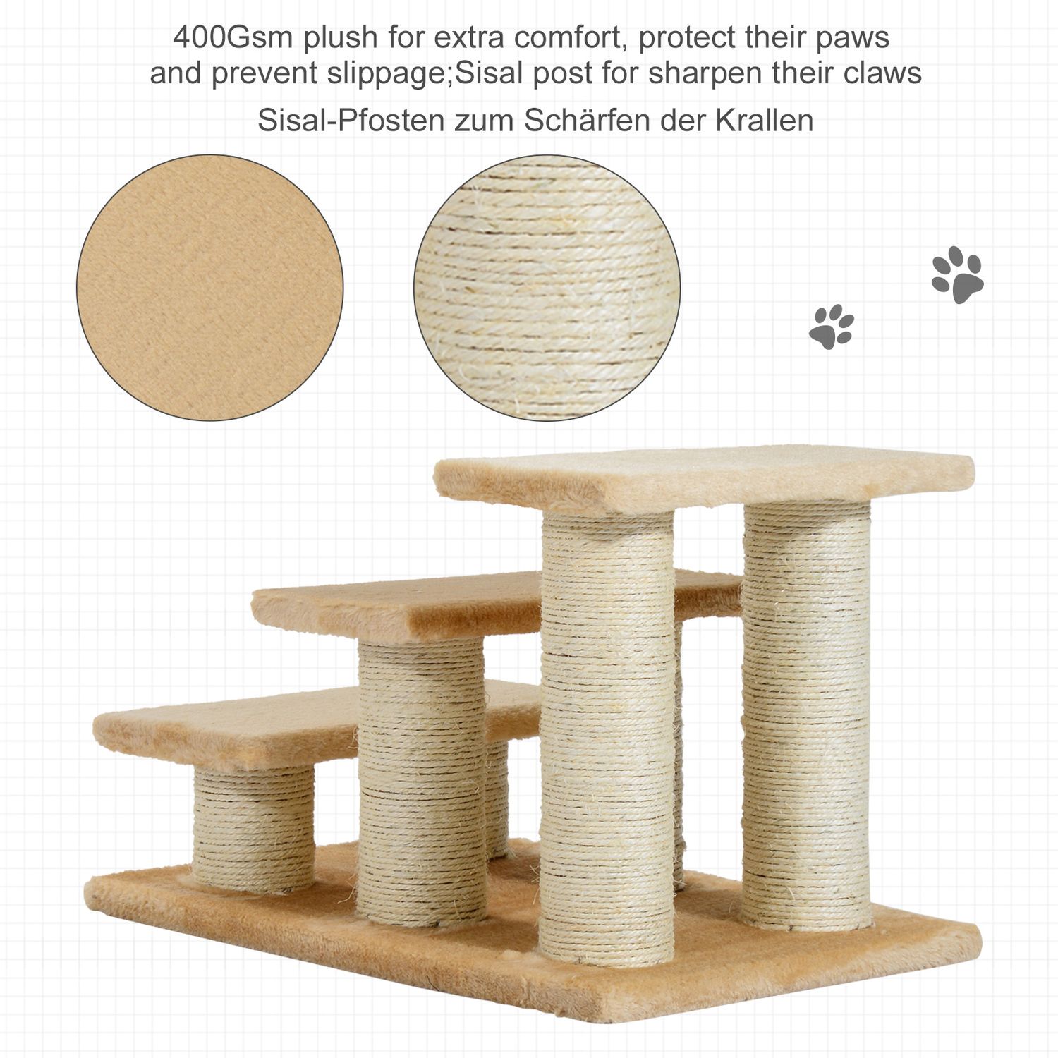 3-stegs plyschtrappa för hundar och katter, kräm, 45x35x34 cm