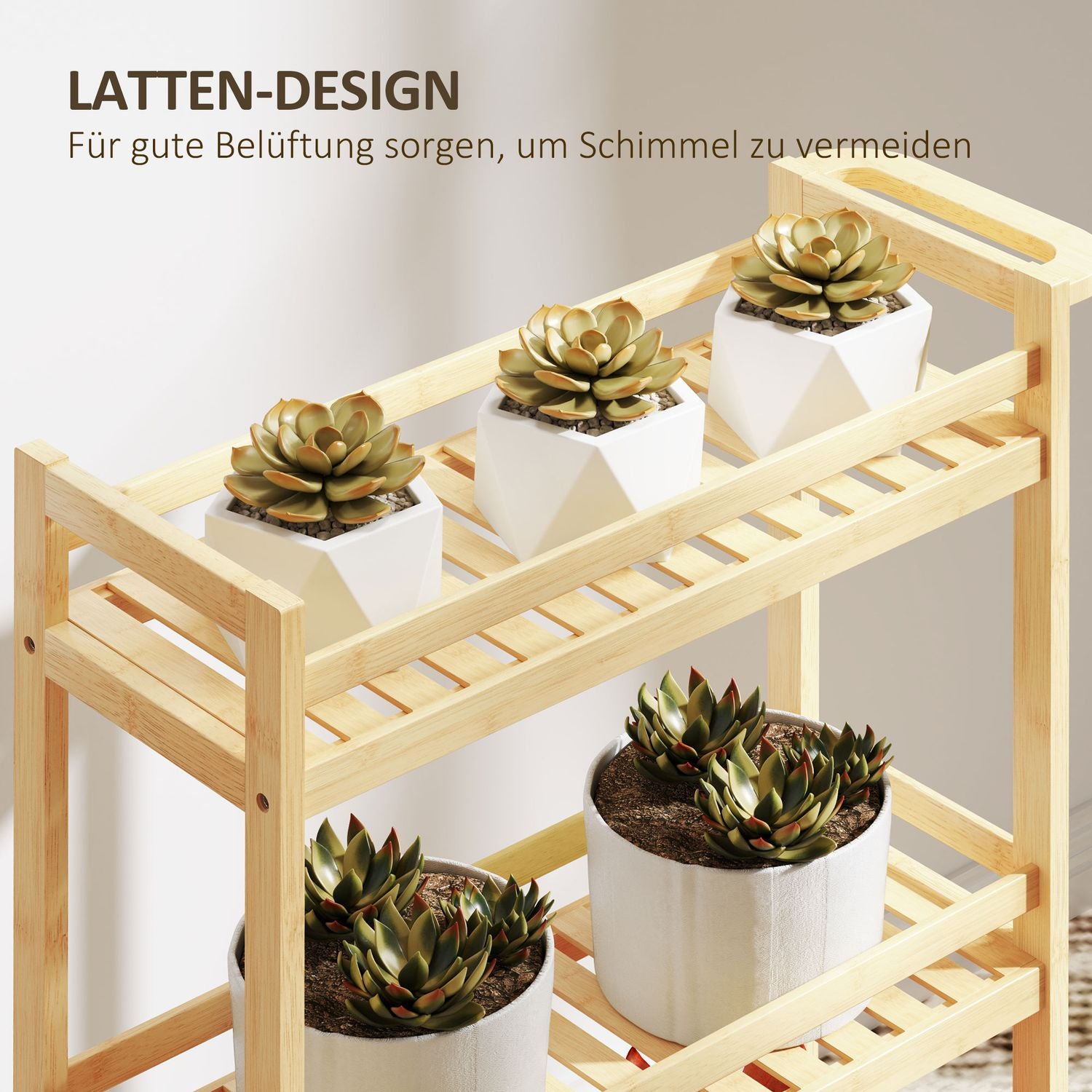 3-vånings köksvagn i bambu med hjul och handtag