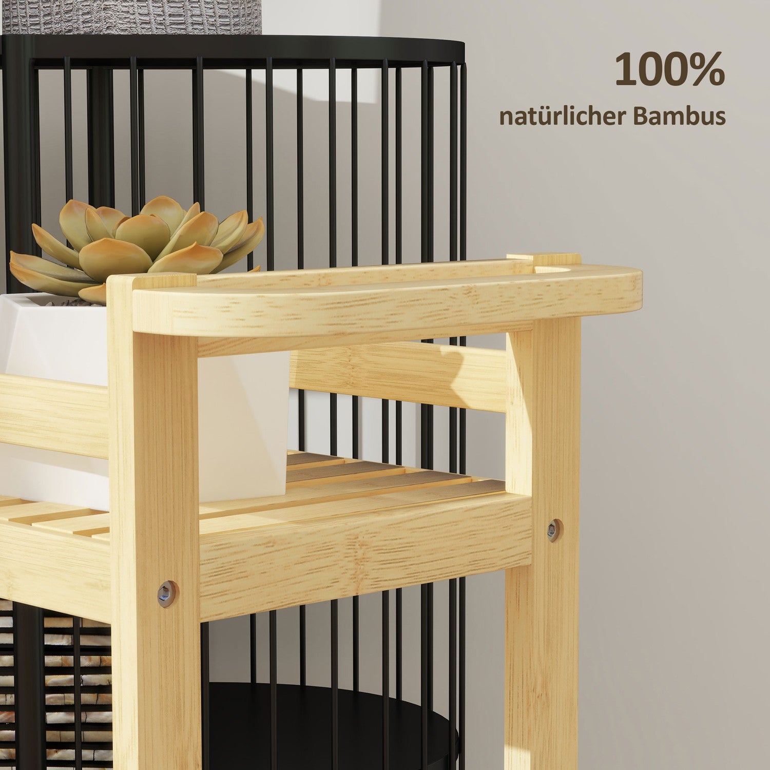 3-vånings köksvagn i bambu med hjul och handtag