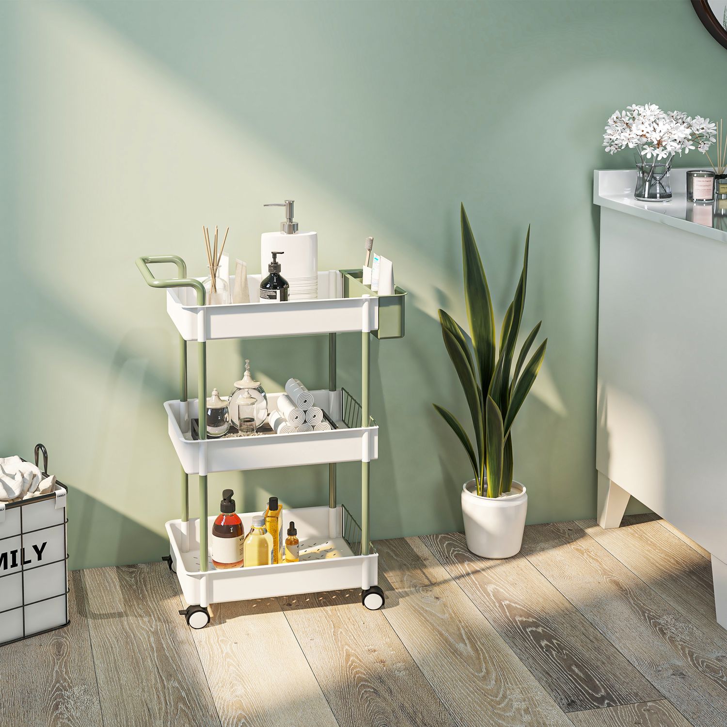 3-vånings rullande köksvagn med korg, stål – vit