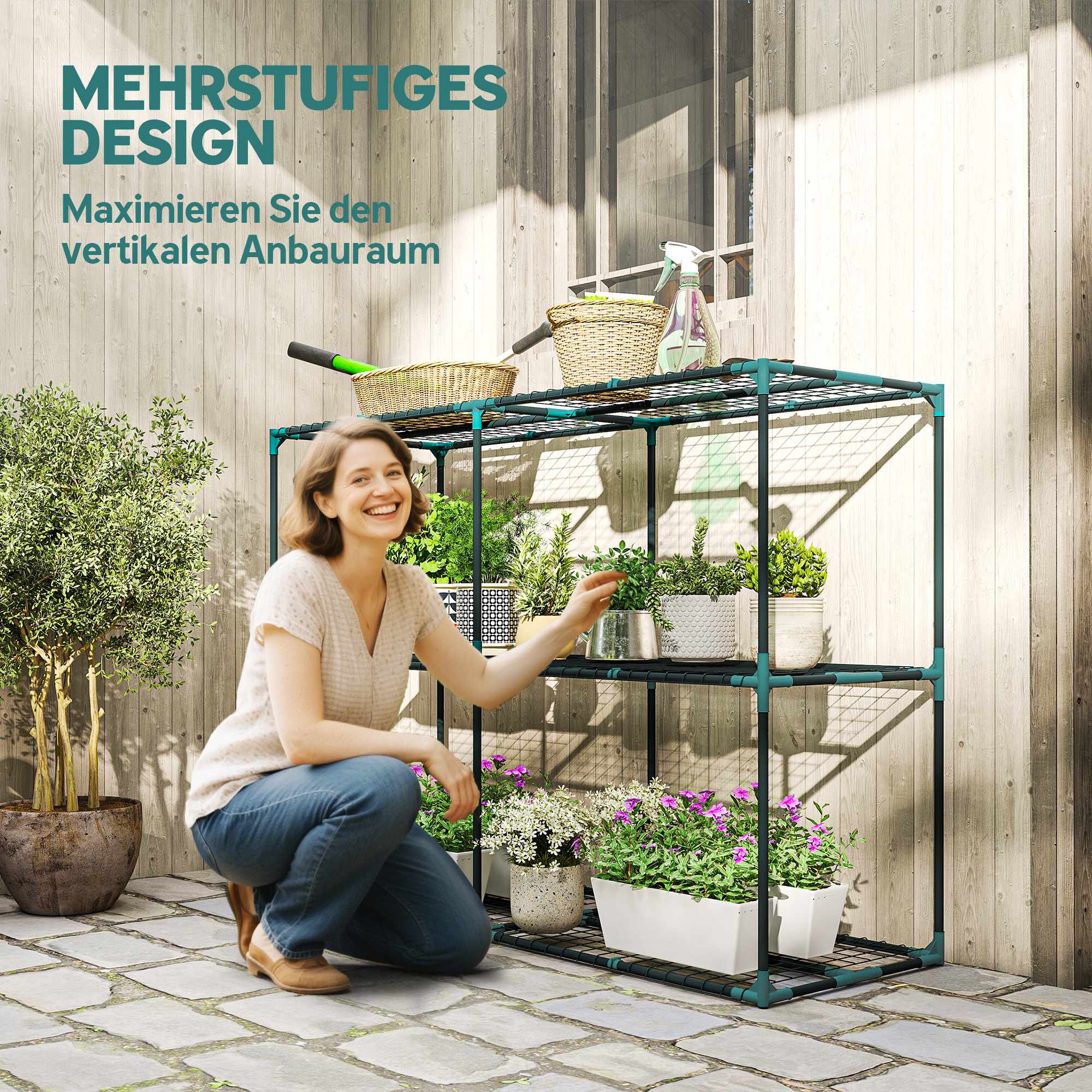 3-vånings växtställ, stål, 20 kg kapacitet, mörkgrön