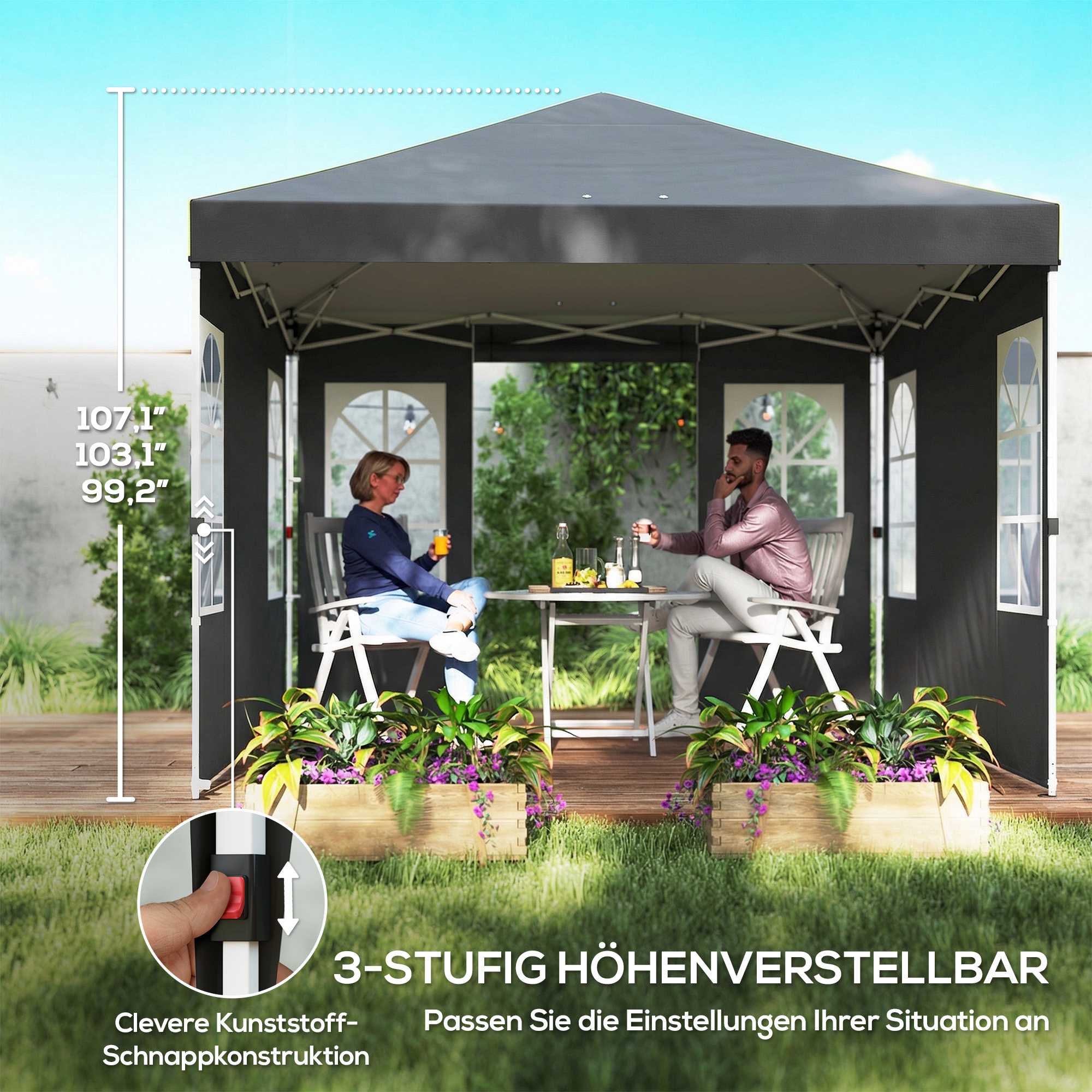 3x3m popup-paviljong, UPF 50+ Oxfordtyg, mörkgrå