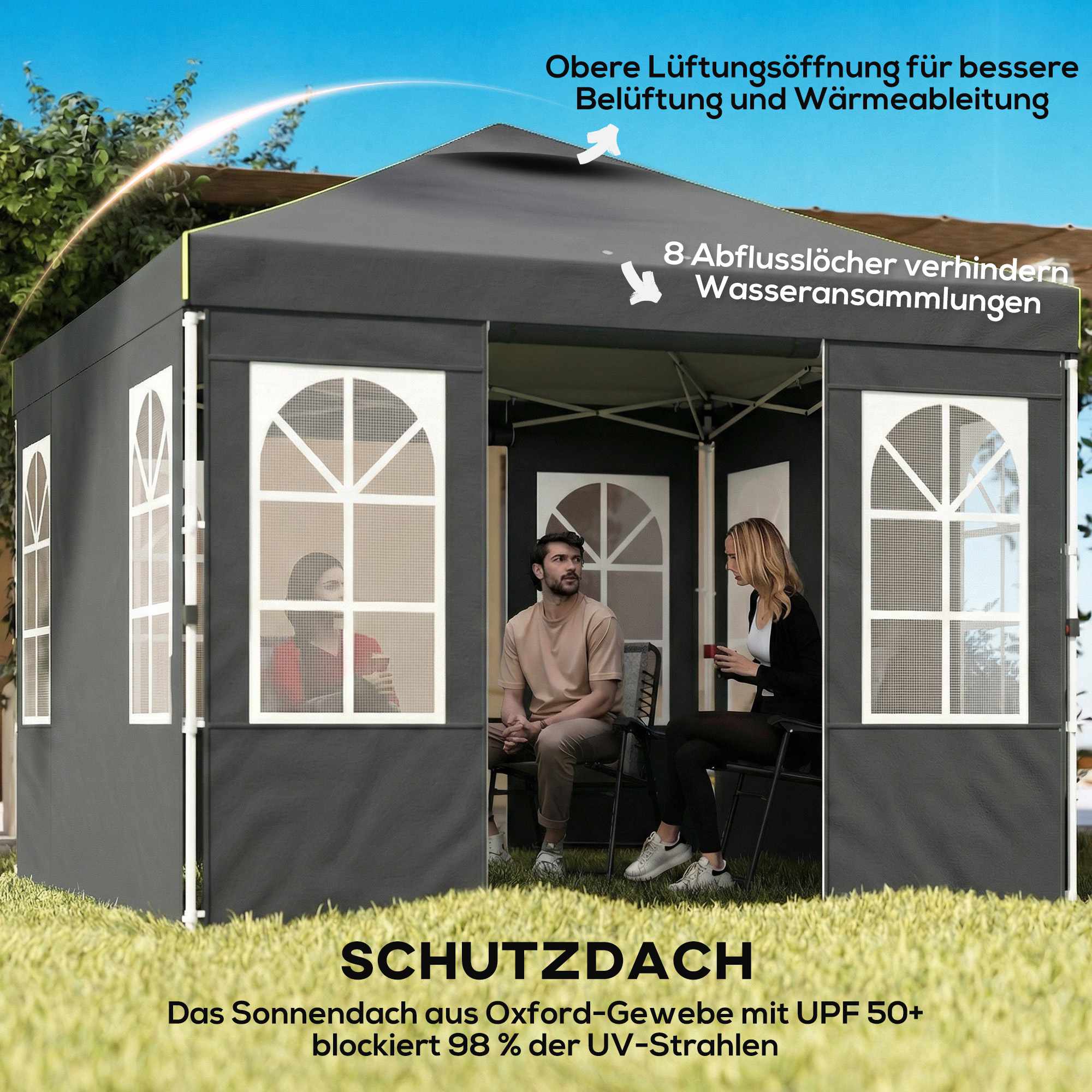 3x3m popup-paviljong, UPF 50+ Oxfordtyg, mörkgrå