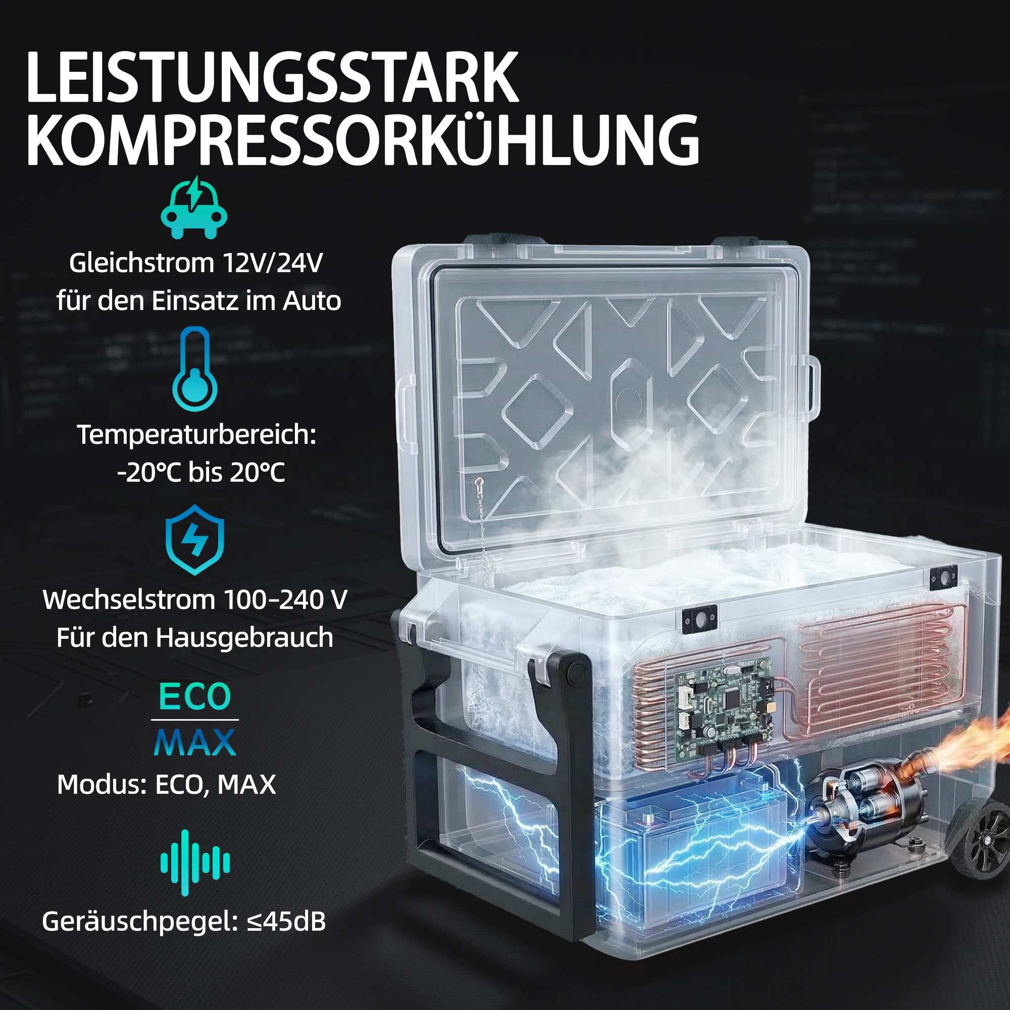 42,5L elektrisk kompressorkylbox med Bluetooth och hjul
