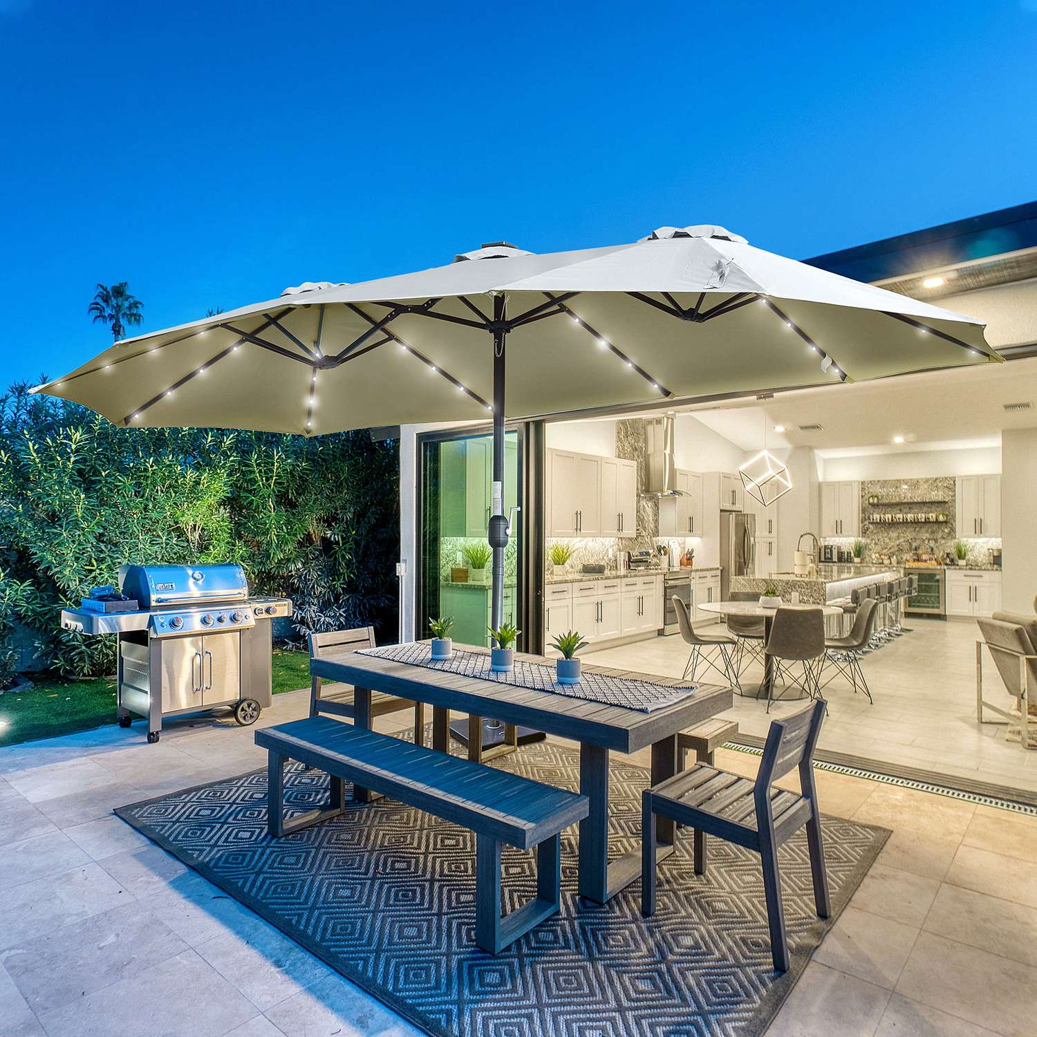 4,5 M Dubbelparasoll Med LED, Solcellsdriven, Ljusgrå-Svart