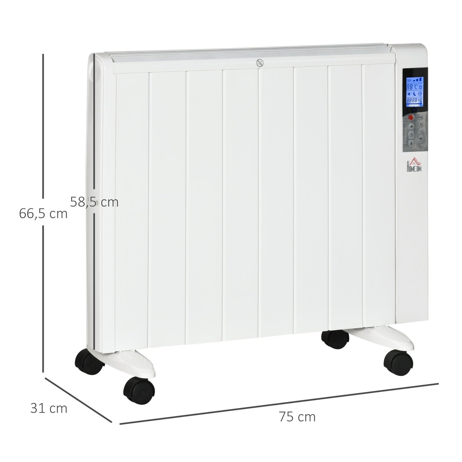 4-Lägesradiator Med Lcd-Display 2000W Elvärmare 2 Nivåer 5-35℃, Fjärrkontroll, Hjul Och Skydd För 15 M² Rum 75 X 7,5 X 58,5 Cm