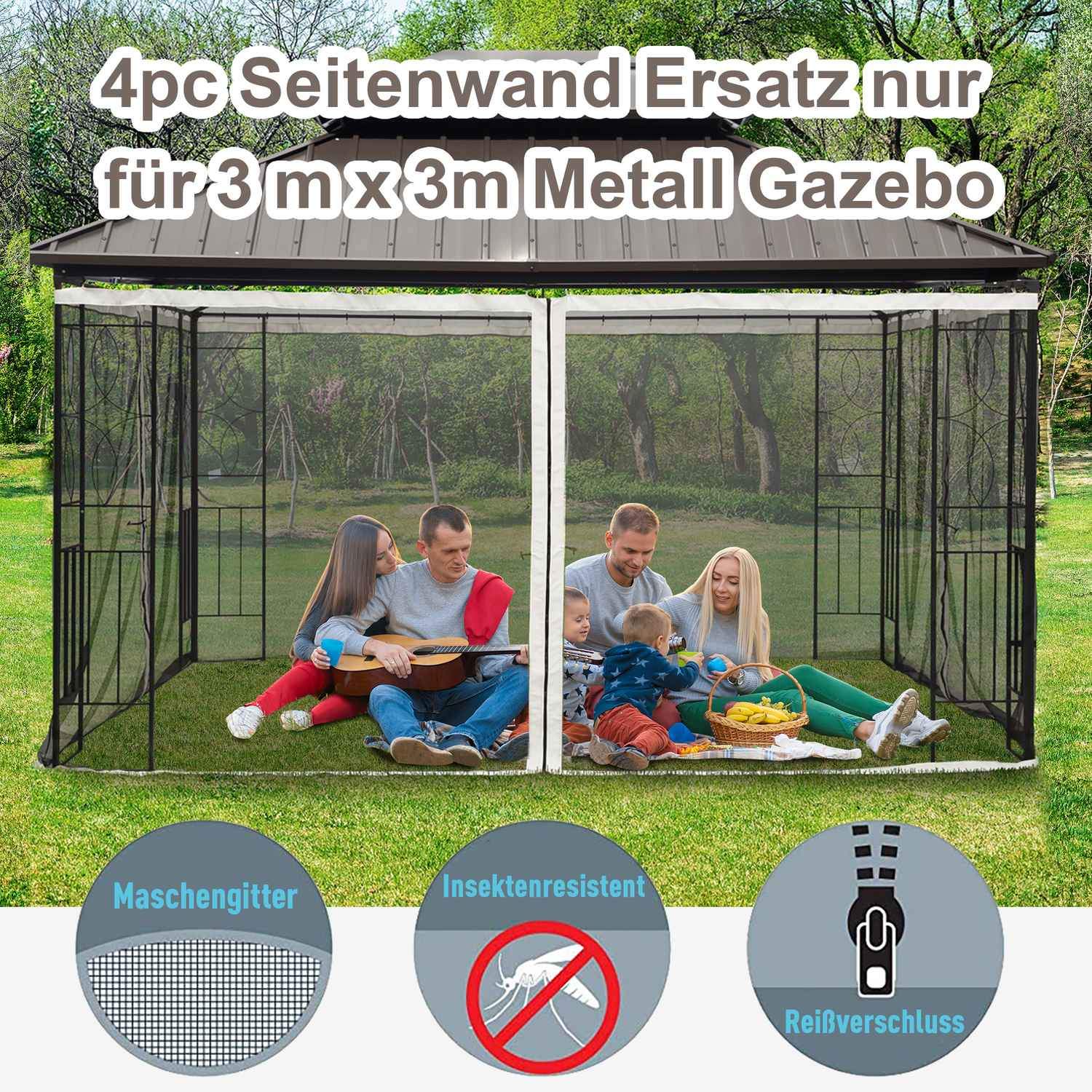 Myggnett 3X3 Gazebo 4 Sidepaneler Fly Net Zip Nylon Mesh Sort