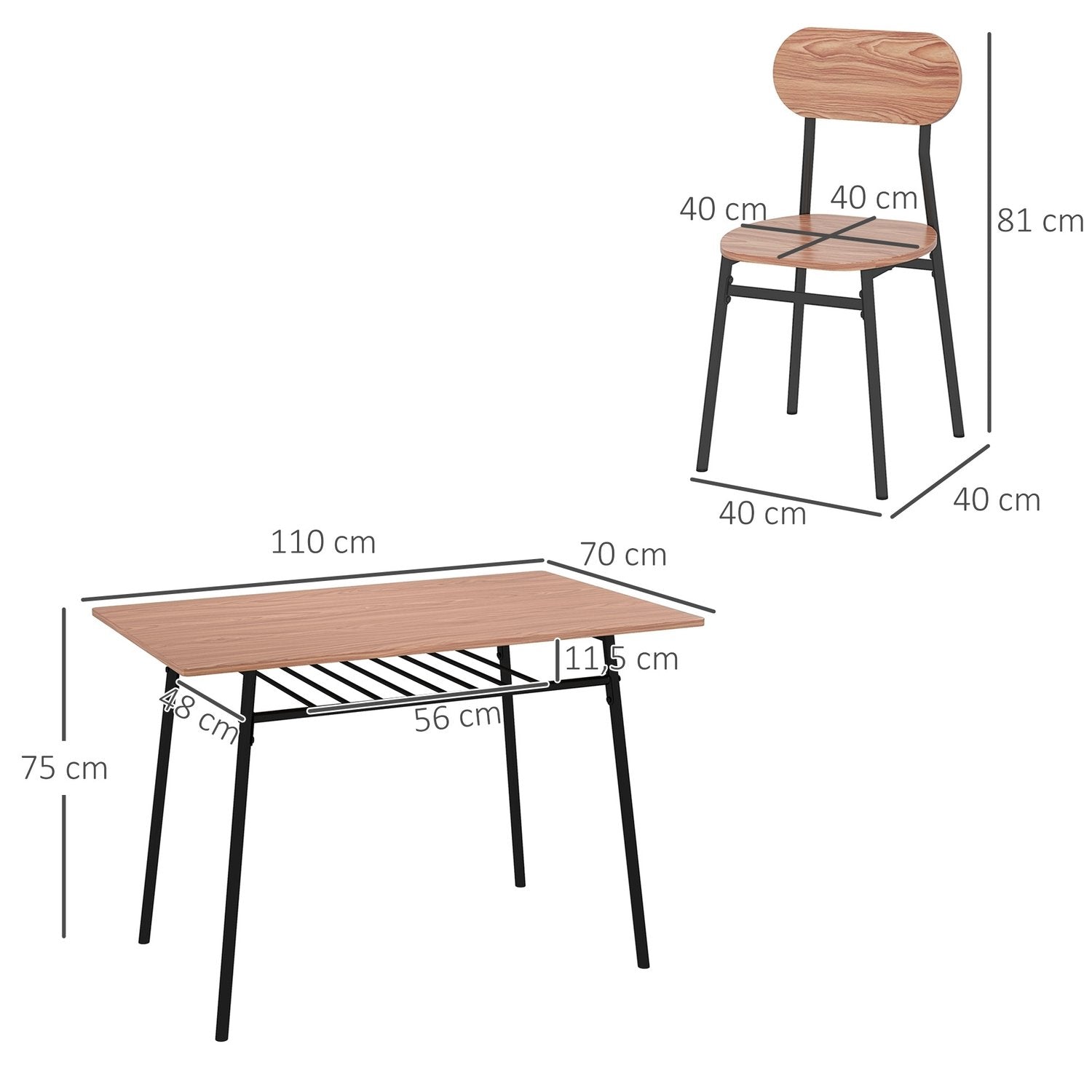 Sett med spisebord og 4 stoler, kjøkkenbord med hylle, teak, stål, spisestuemøbler