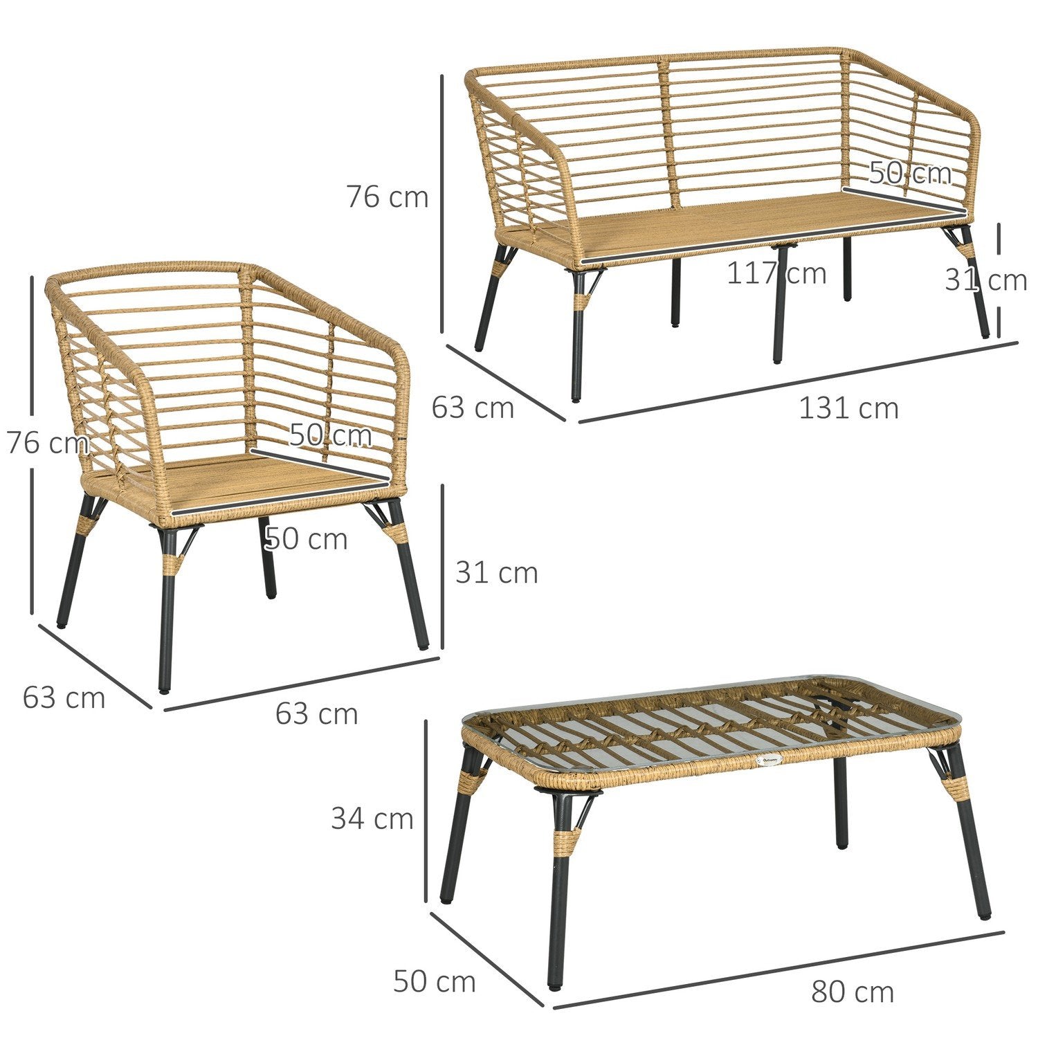 4-delt hagemøbelsett, rottingseter med puter, 3 lenestoler, 1 salongbord, Boho-stil balkongmøbler for 4 personer, sand + mørkegrå